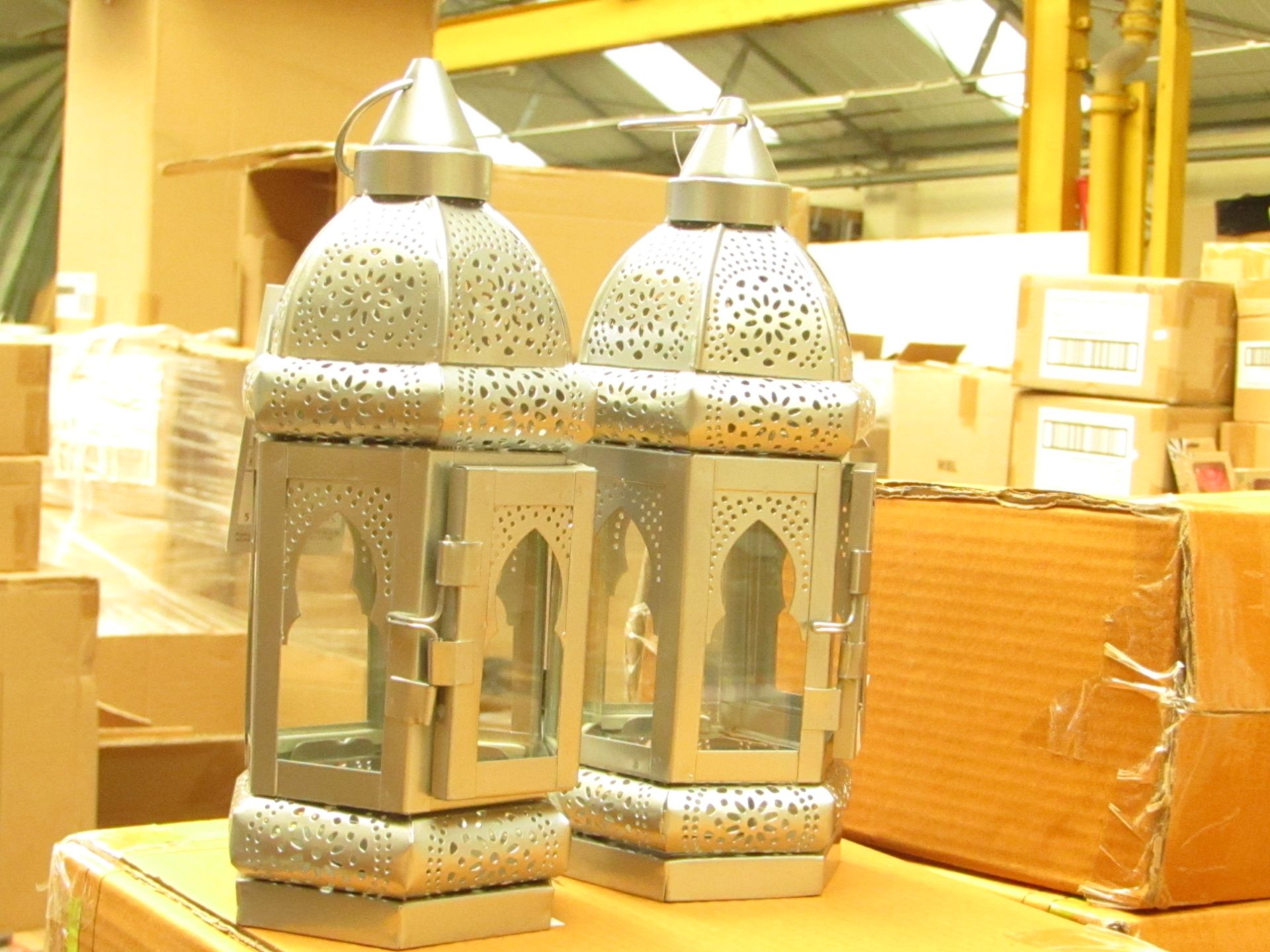 Box of 2x silver candle lanterns, new and boxed.