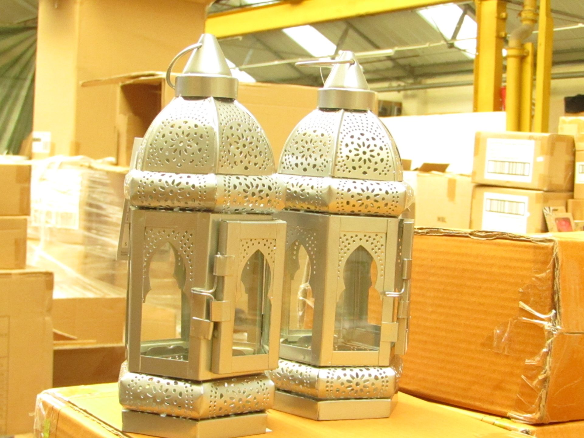 Box of 2x silver candle lanterns, new and boxed.