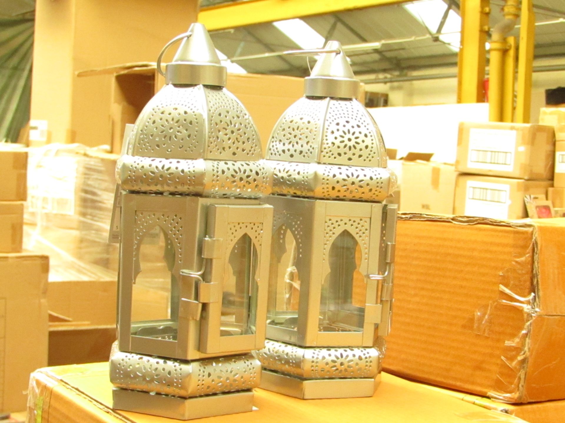 Box of 2x silver candle lanterns, new and boxed.