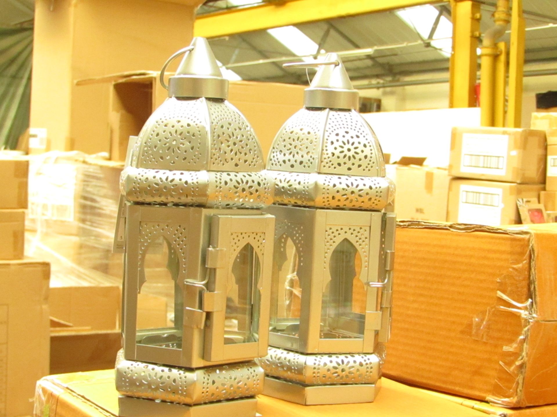 Box of 2x silver candle lanterns, new and boxed.