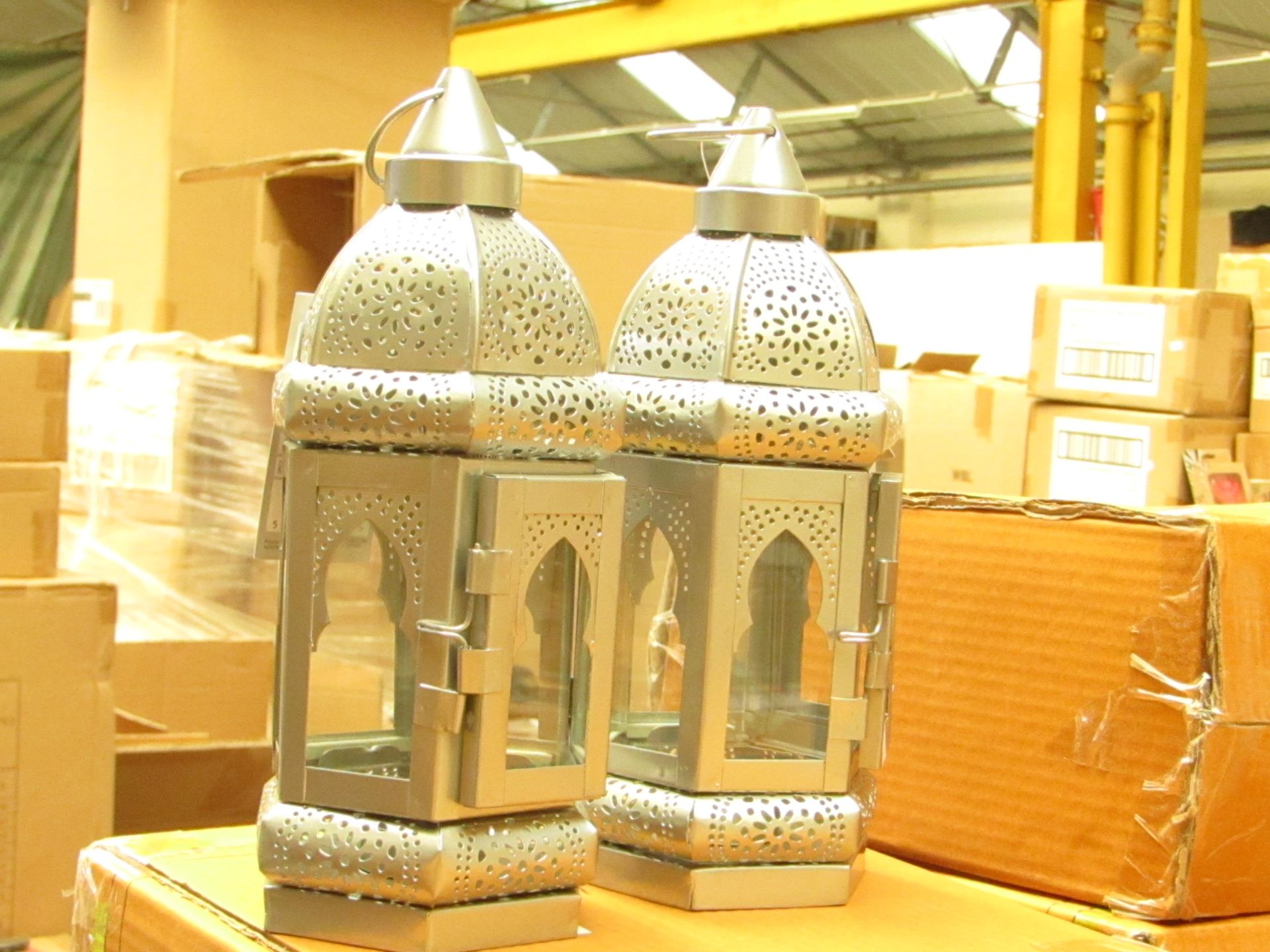 Box of 2x silver candle lanterns, new and boxed.