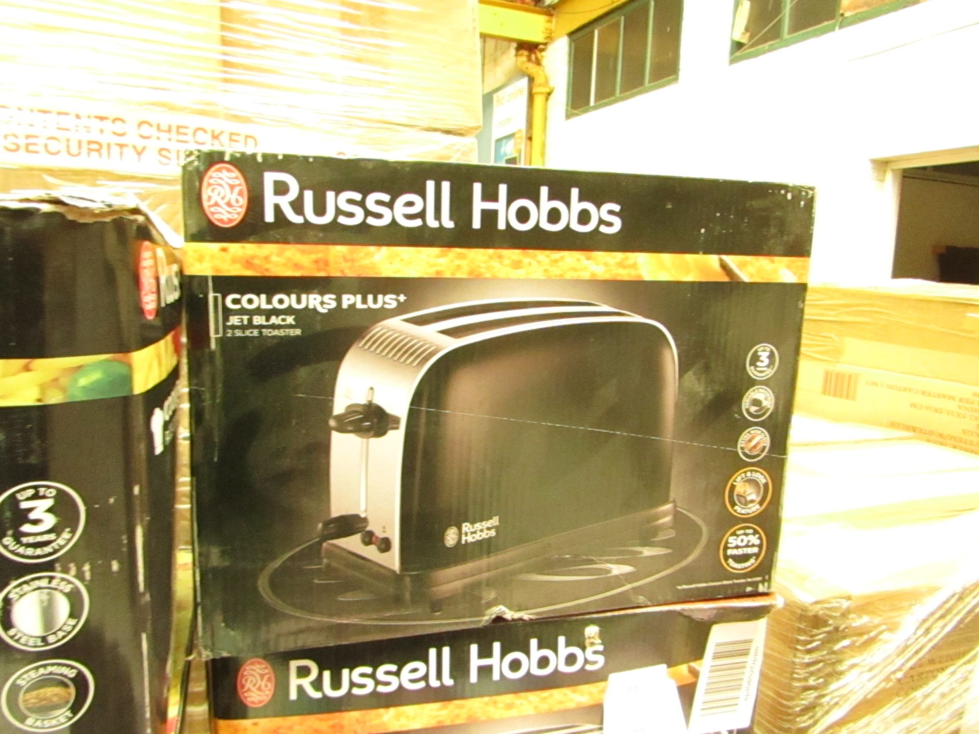 Russell Hobbs Colours Plus+ jet black 2 slice toaster, untestd and boxed.