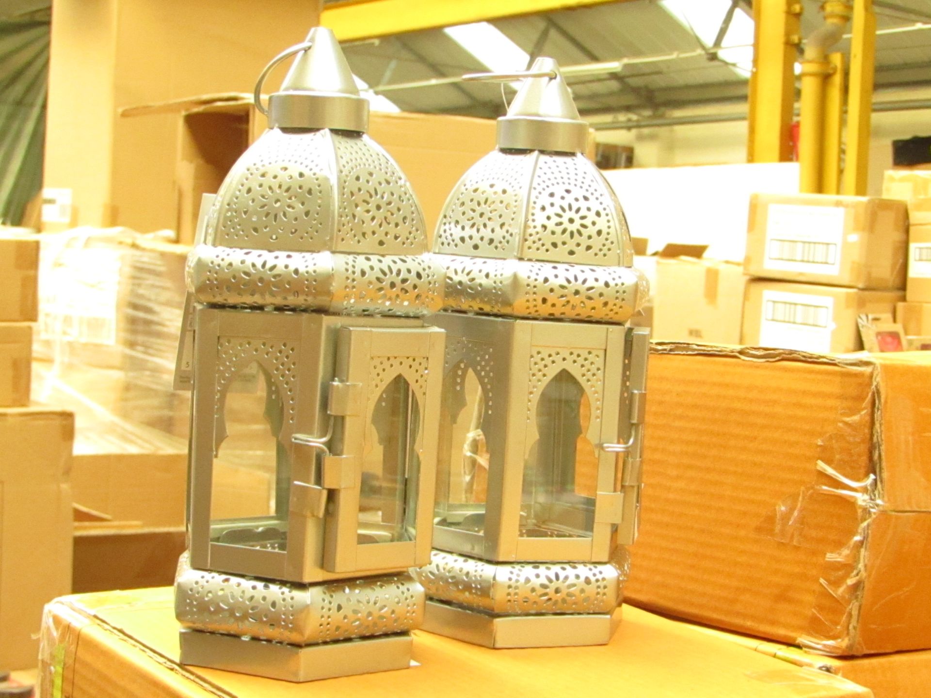 Box of 2x silver candle lanterns, new and boxed.