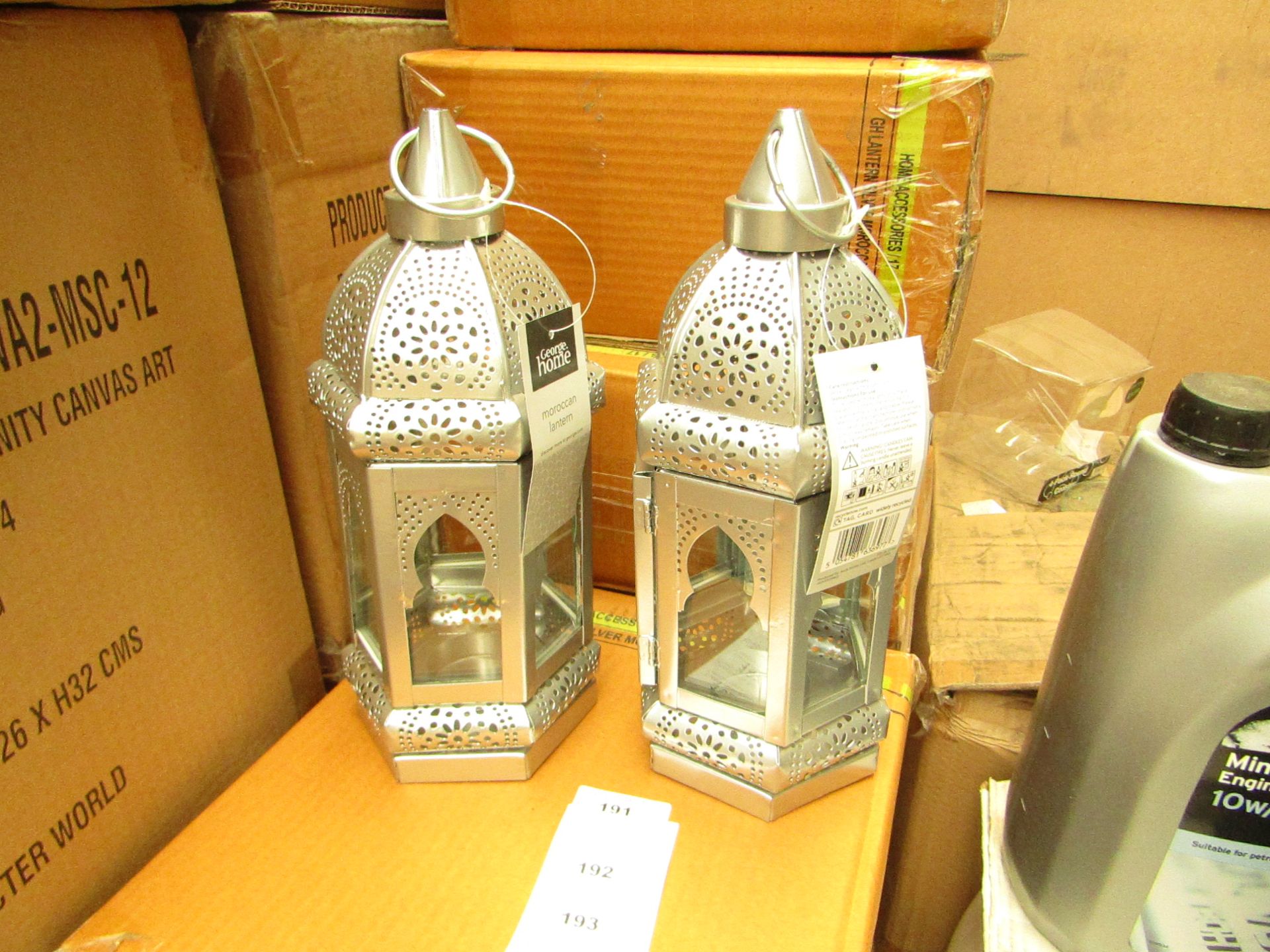 Set of 2x silver candle lanterns, new and boxed.