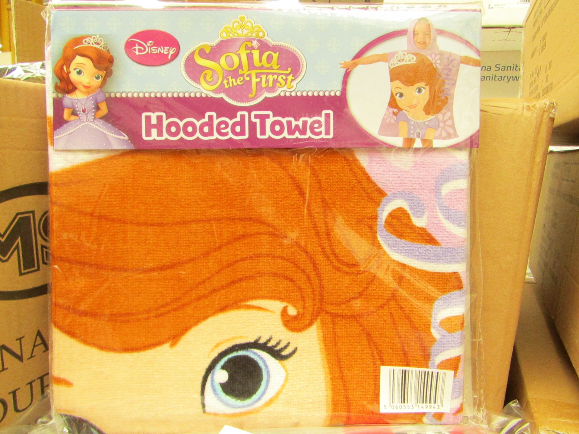 Disney Sofia the First hooded towel, new and packaged.