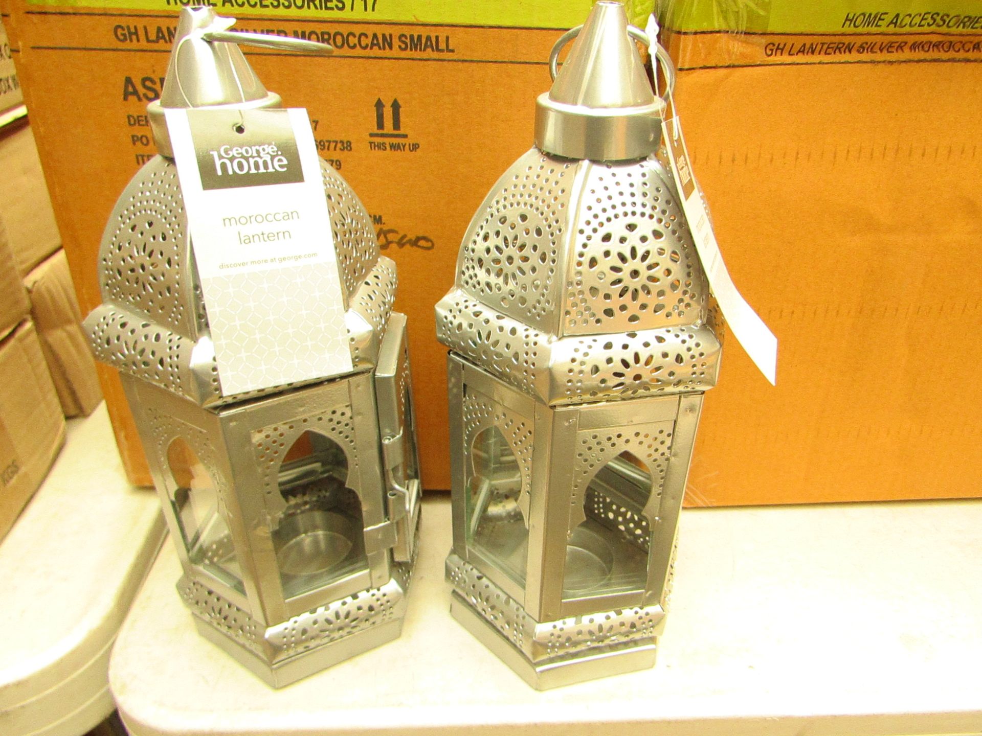 Box of 2x silver candle lanterns, new and boxed.