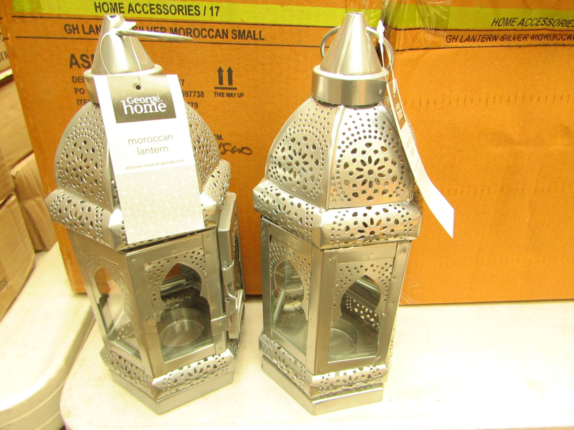 Box of 2x silver candle lanterns, new and boxed.