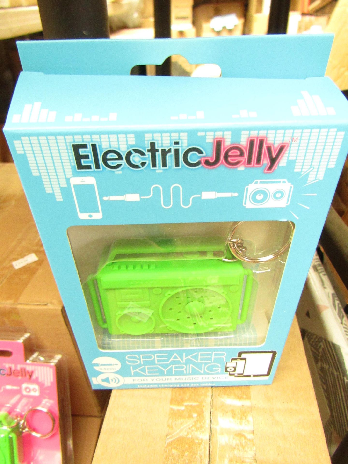 6x Electric Jelly speaker keyring, new and packaged.