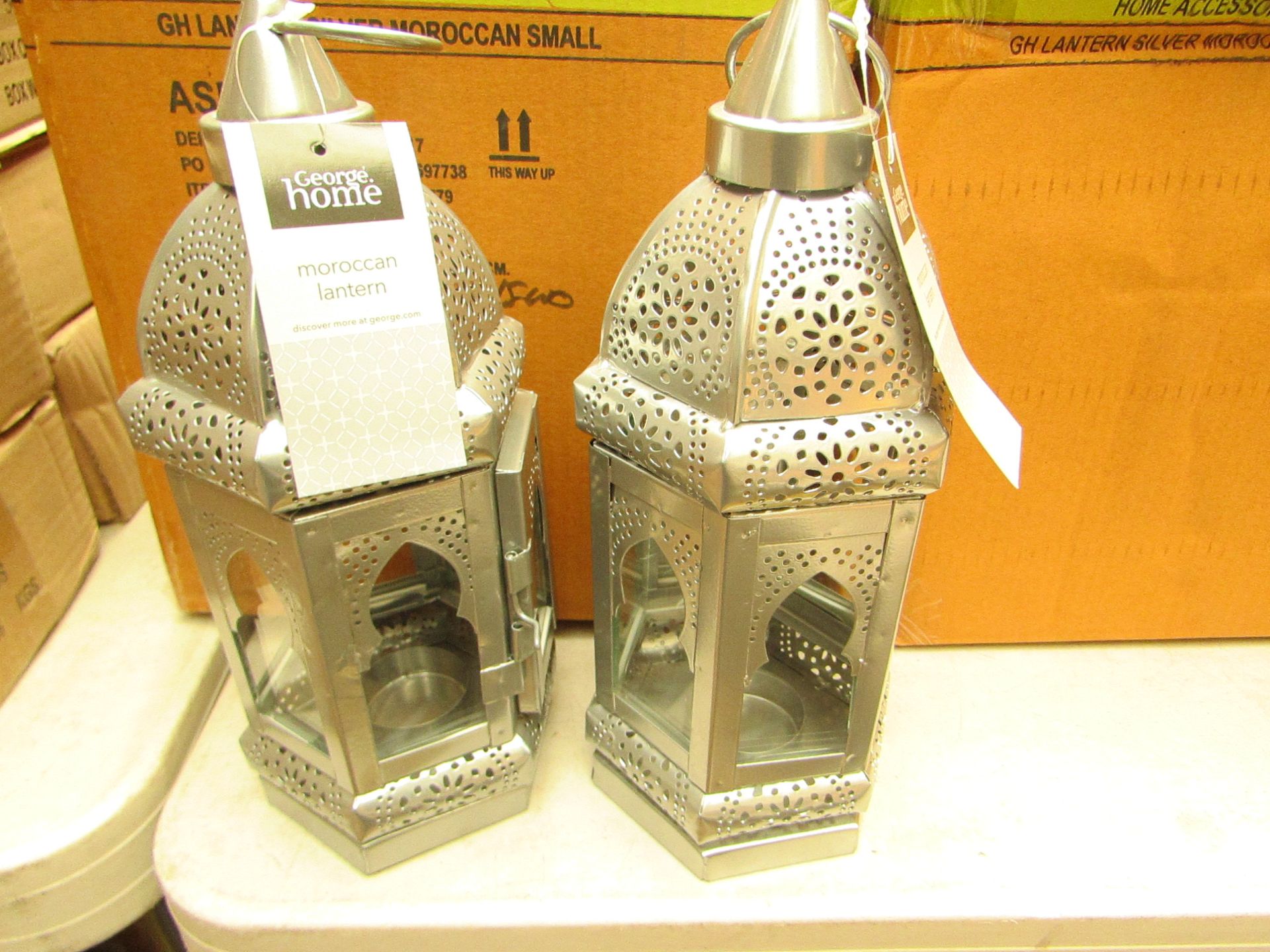 Box of 2x silver candle lanterns, new and boxed.