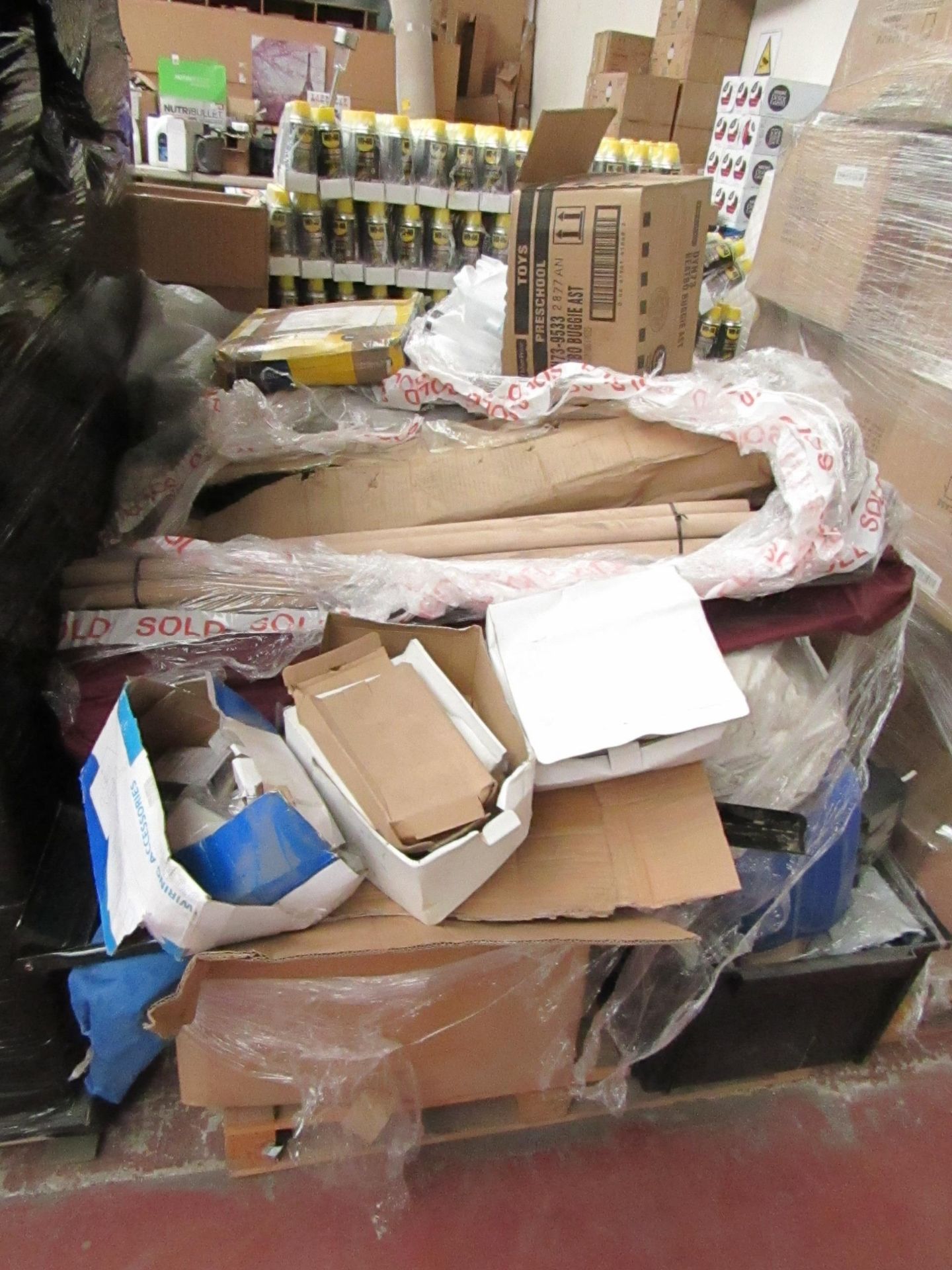 Pallet of mixed Loose and packaged items which includes things such as security light, Wind