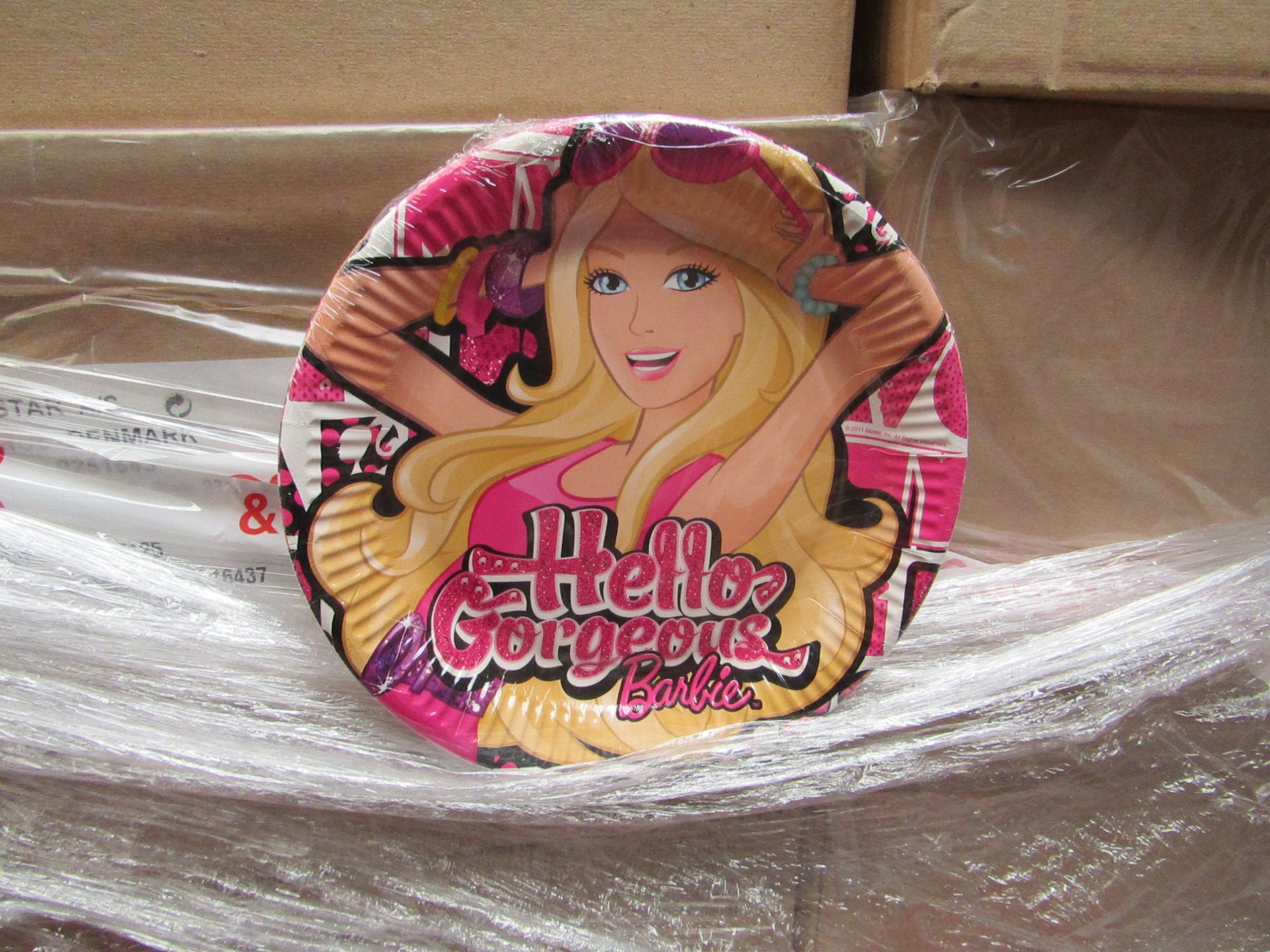 Box of 24x Packs of 6 Barbie 23cm disposable paper plates, new and still sealed in the packs