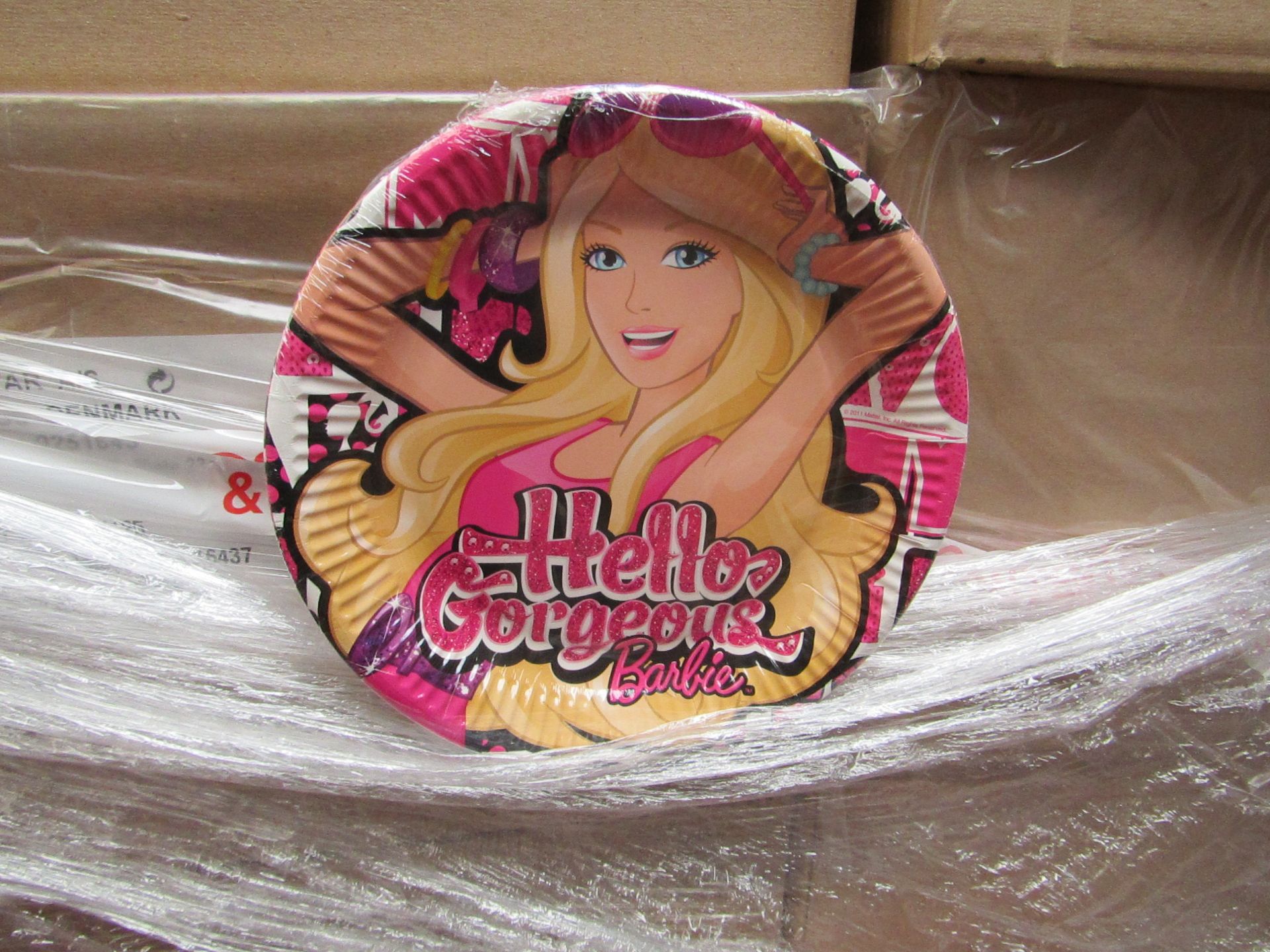 Box of 24x Packs of 6 Barbie 23cm disposable paper plates, new and still sealed in the packs