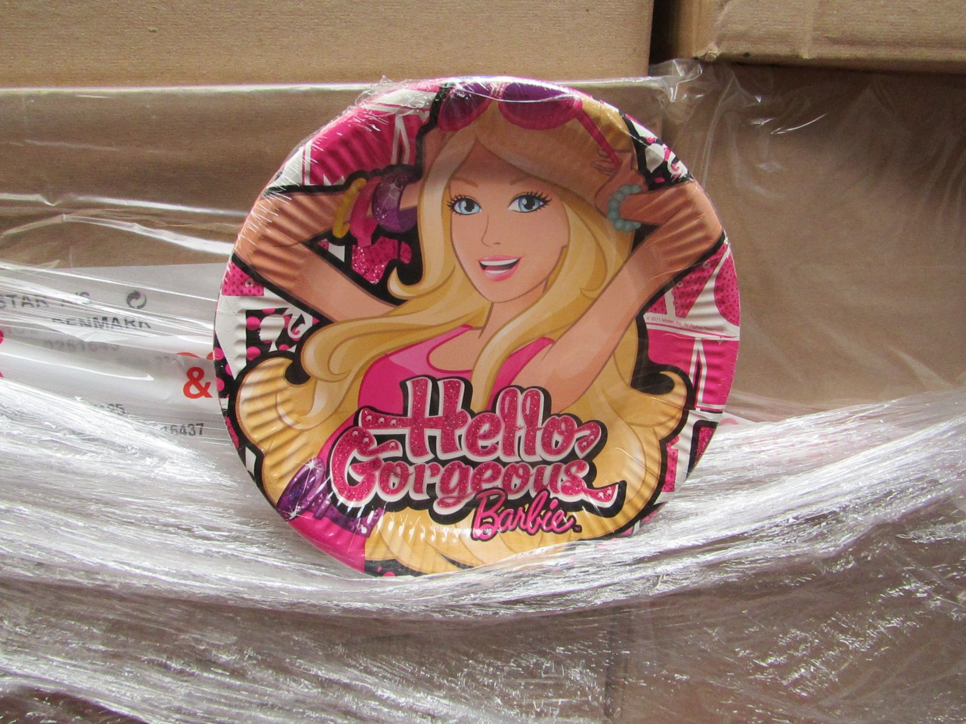 Box of 24x Packs of 6 Barbie 23cm disposable paper plates, new and still sealed in the packs