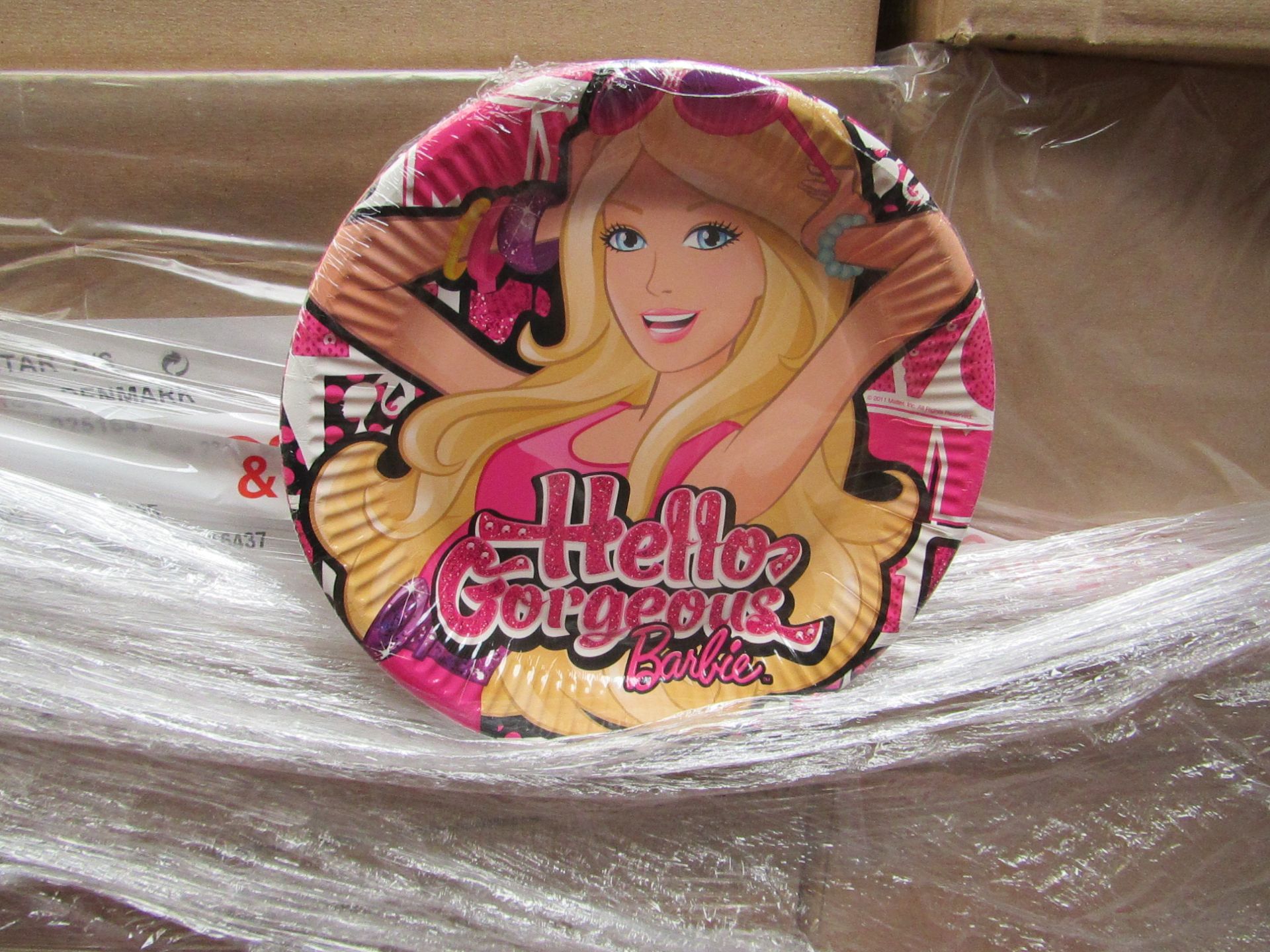 Box of 24x Packs of 6 Barbie 23cm disposable paper plates, new and still sealed in the packs