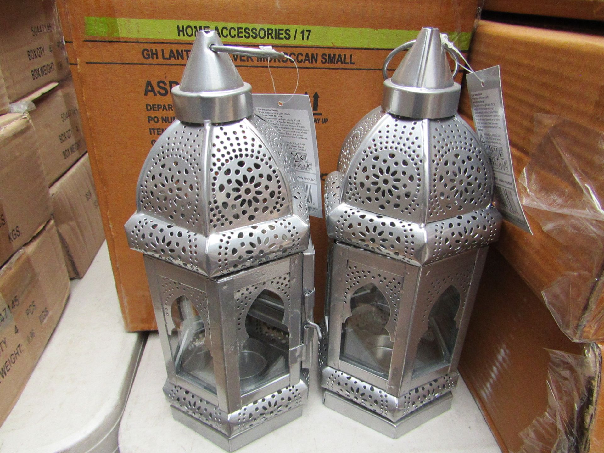 Box of 2x silver candle lanterns, new and boxed.