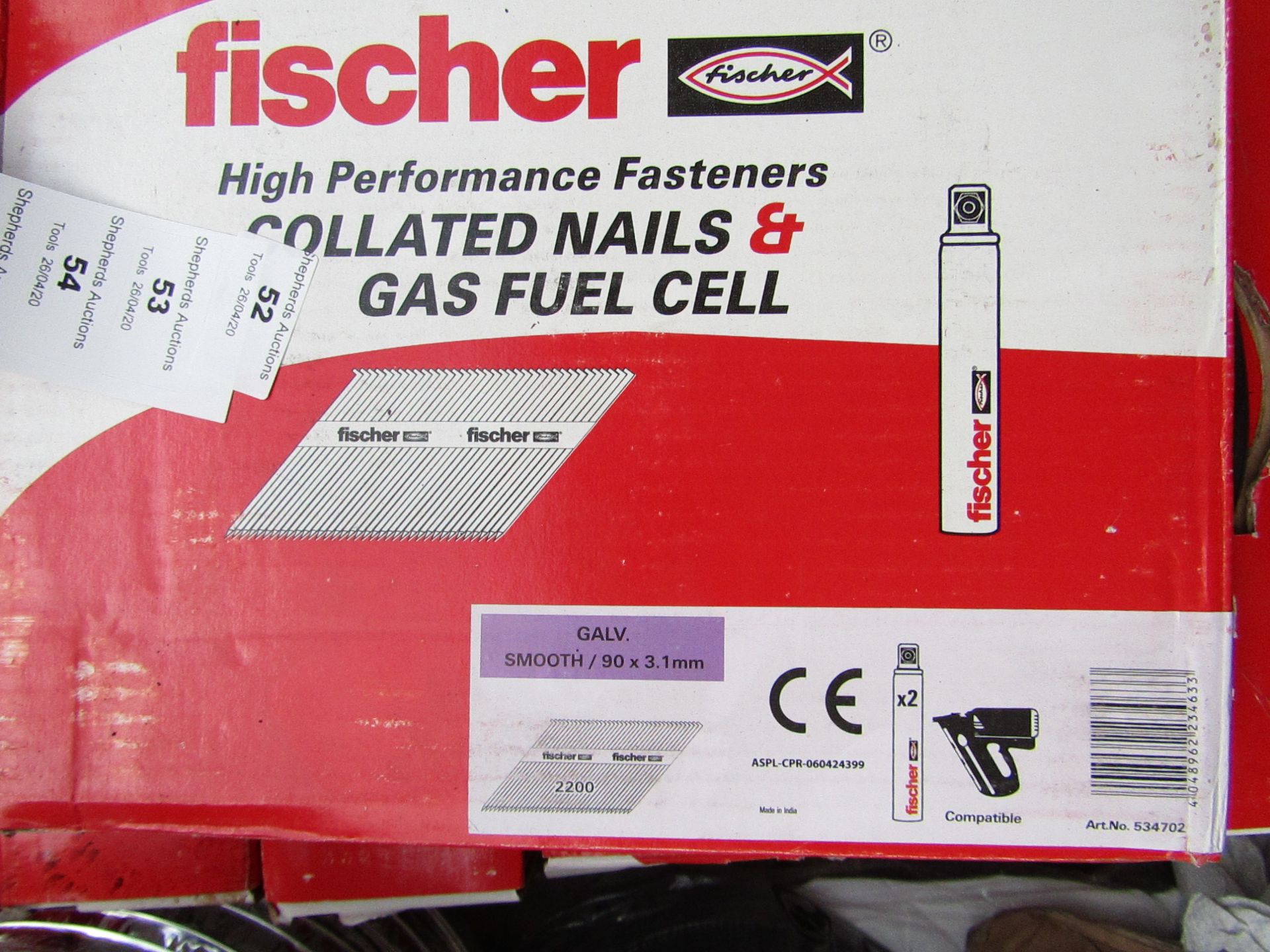 A Box that contains 2200 Fischer collated nails and 2x gas fuel cells, new and boxed.