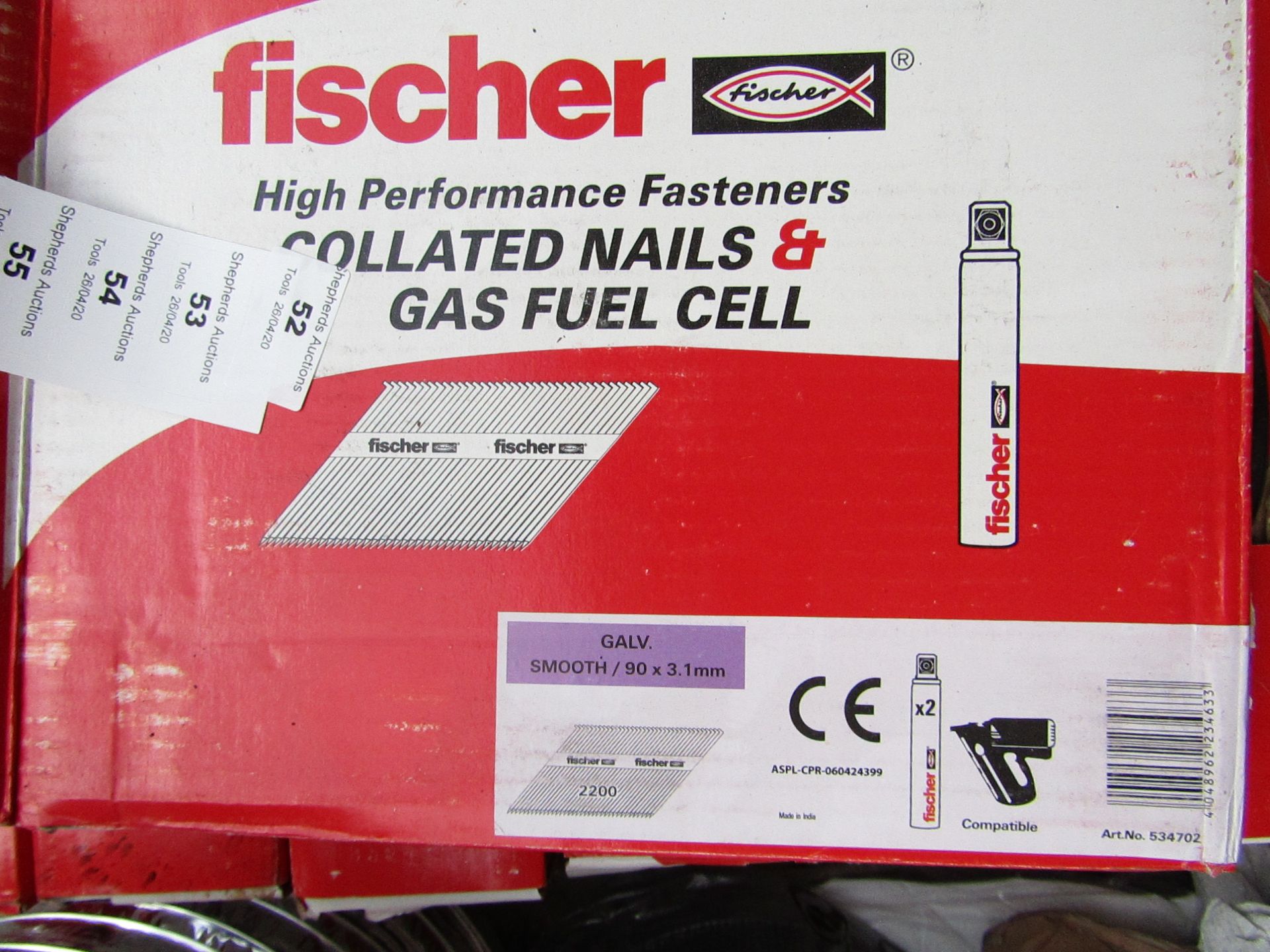 A Box that contains 2200 Fischer collated nails and 2x gas fuel cells, new and boxed.