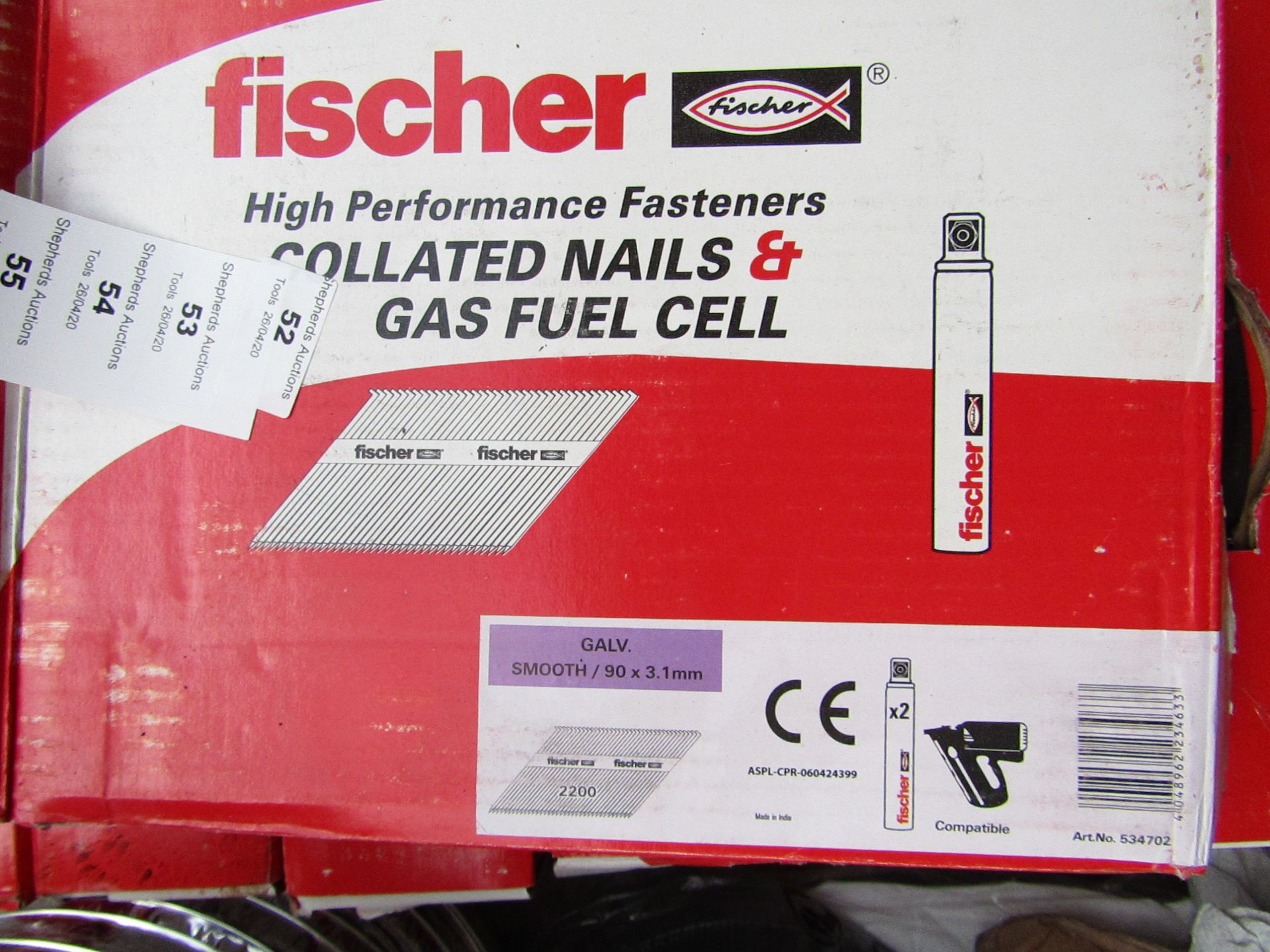 A Box that contains 2200 Fischer collated nails and 2x gas fuel cells, new and boxed.