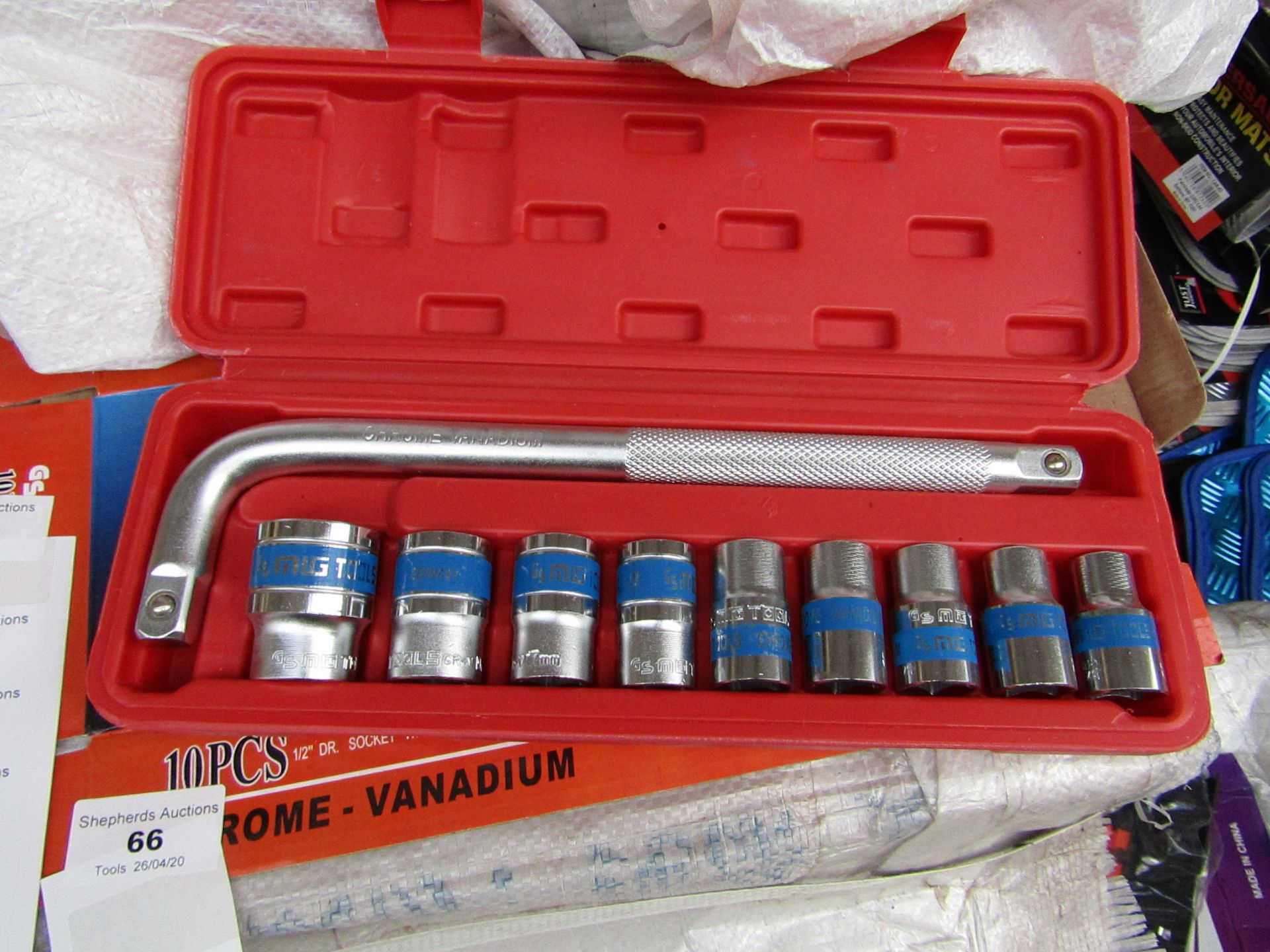 10 Piece MLG Tools socket set with L type handle, new and boxed