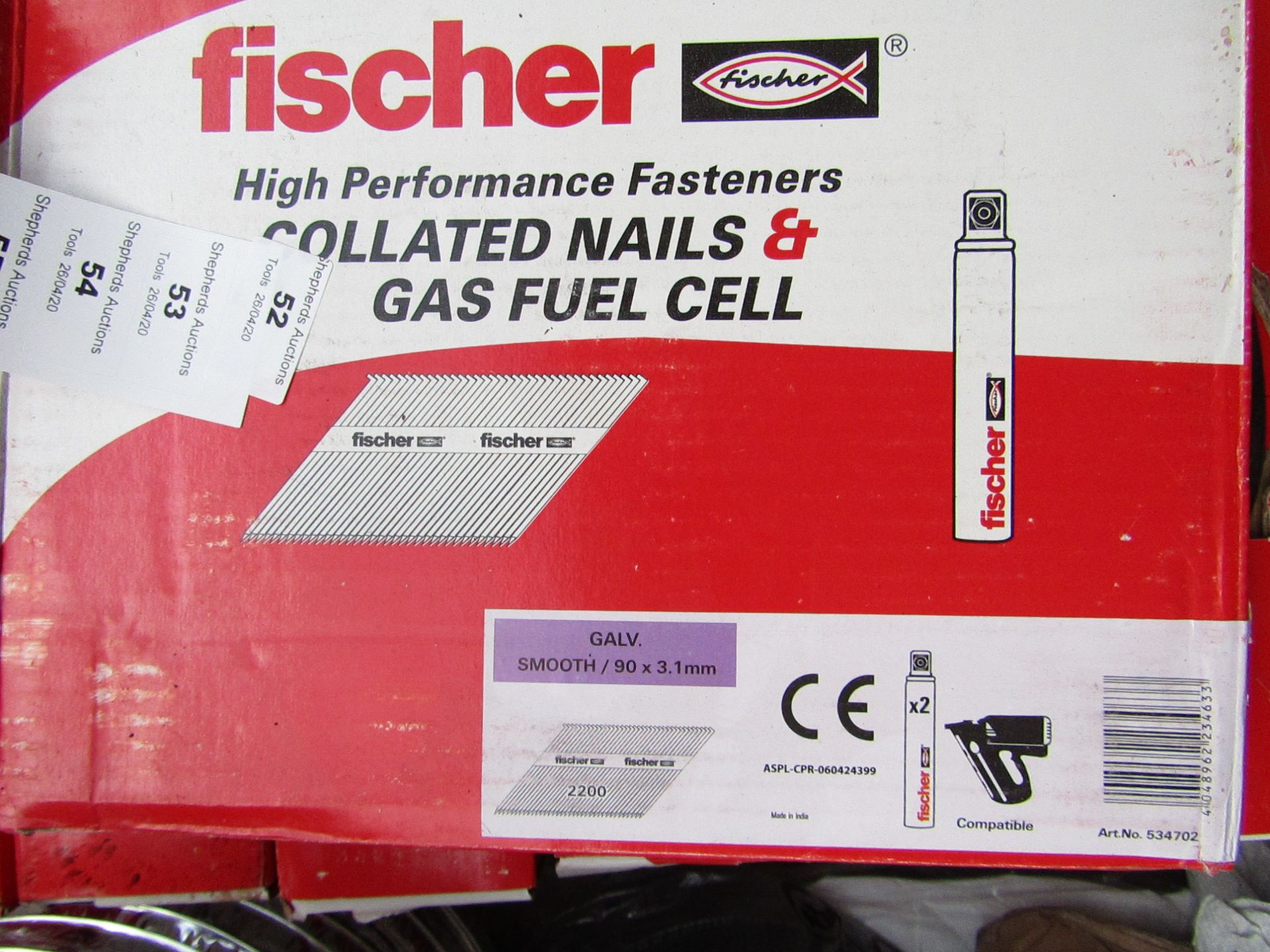 A Box that contains 2200 Fischer collated nails and 2x gas fuel cells, new and boxed.