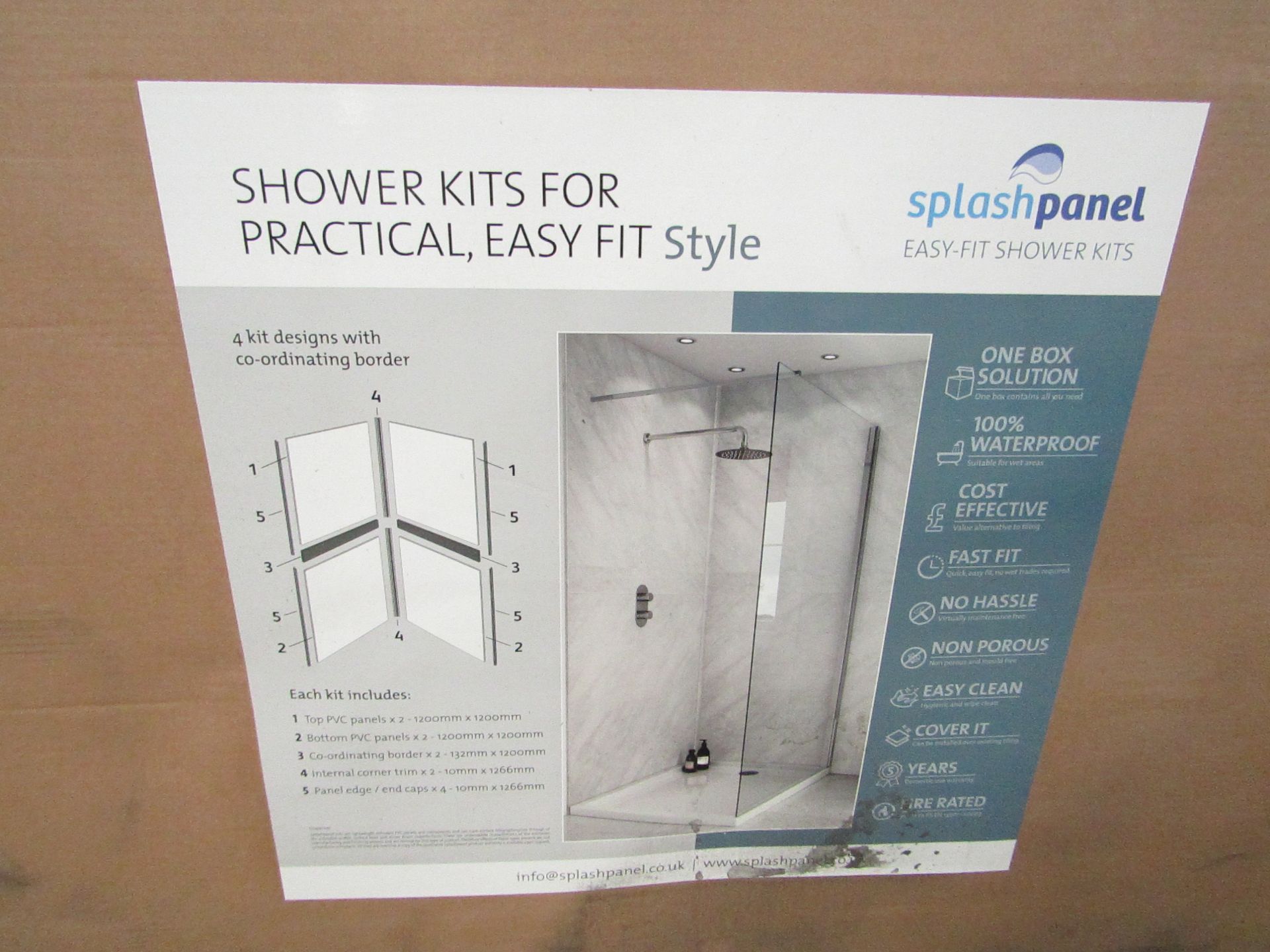 Splash Panel 2 sided shower wall kit in Classic Marble, new and boxed, the kit contains 2