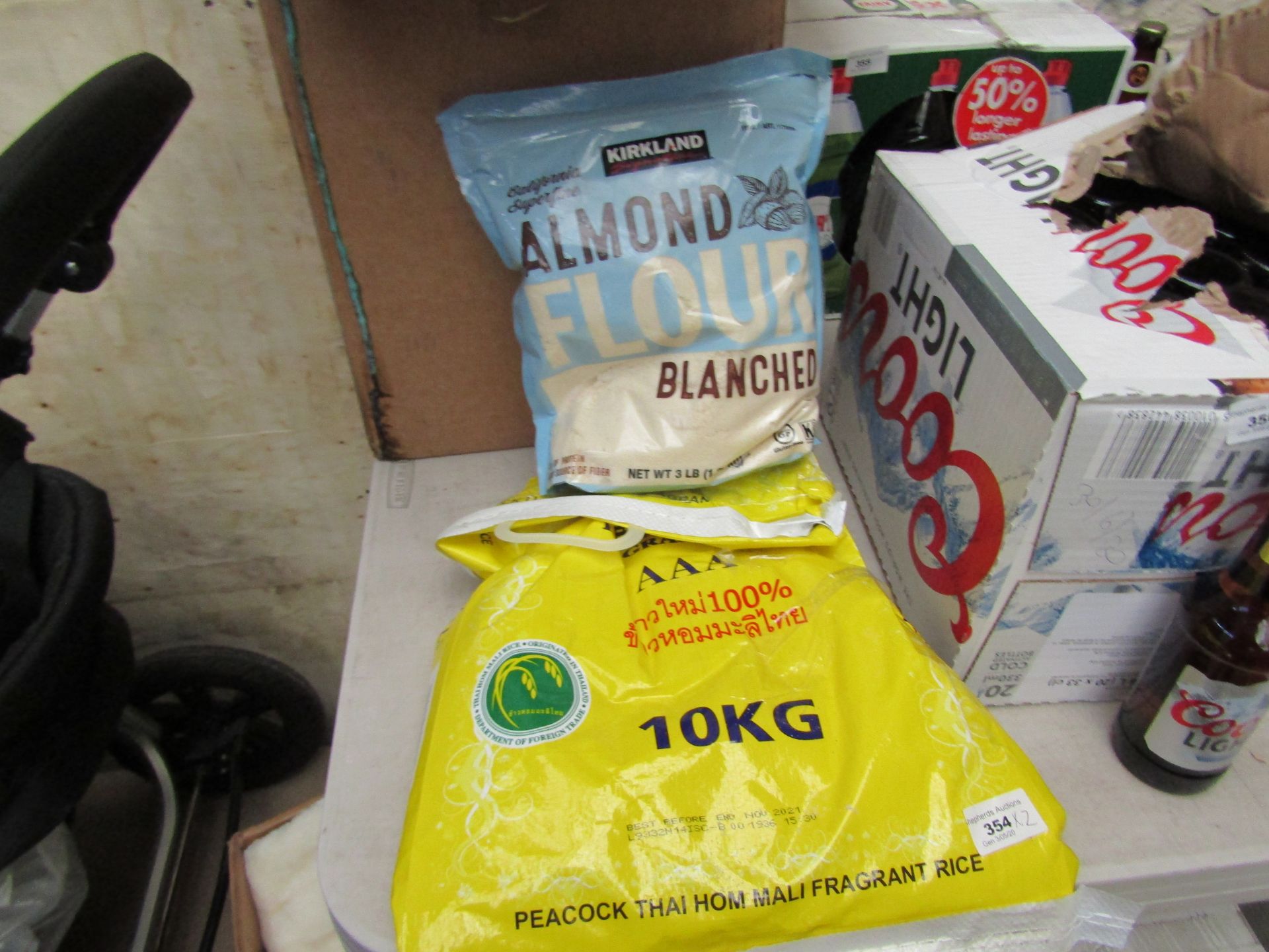 2 Items Being Kirkland Almond Flour (3LB) BB Oct 20 & Approx 6kg of Peacock Thai Hom Mali Fragrant