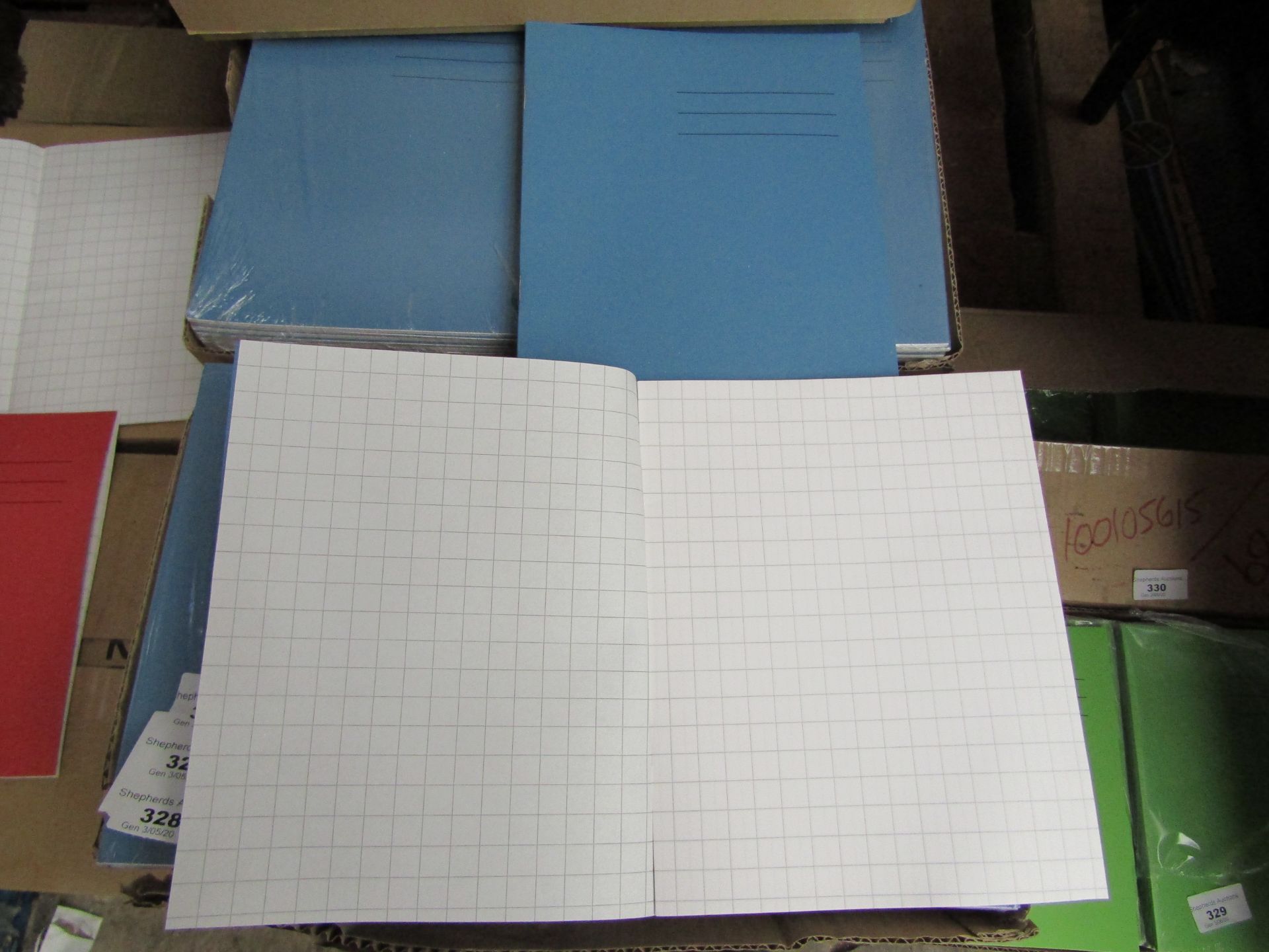 Box of 100 Exercise Books. New & Boxed. See image for design