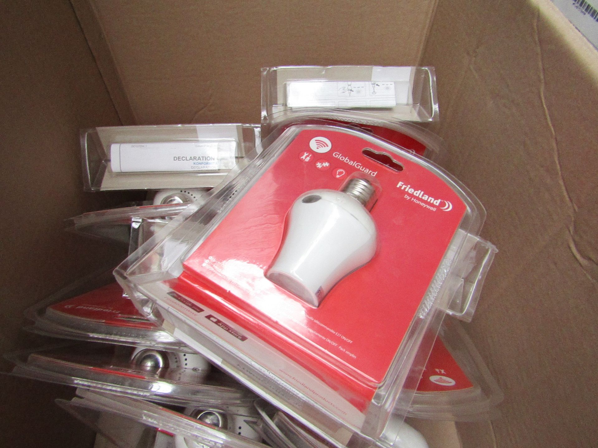 Box of approx 15x Friedland global Guard app based smart light bulb socket, retro fits to the