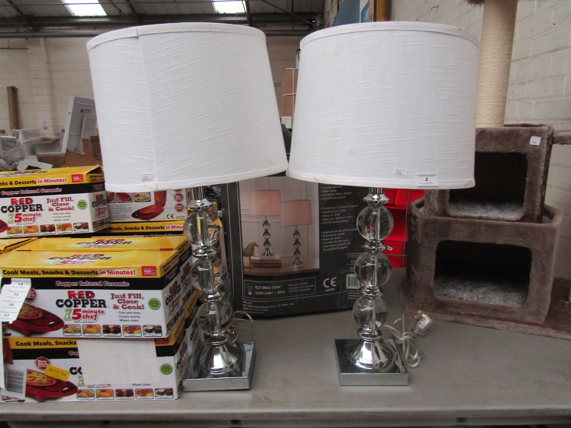 2 x Chrome, Glass & Cream Table Lamps. 70cm Tall. Shades need a clean