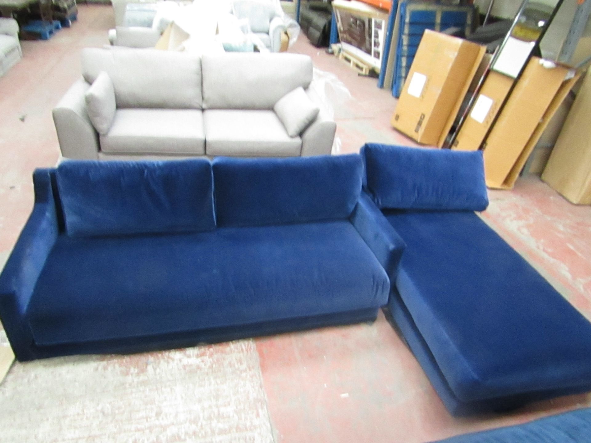 Swoon Blue Velour L shaped sofa with Chaise, the chaise part is left hand and the main sofa part