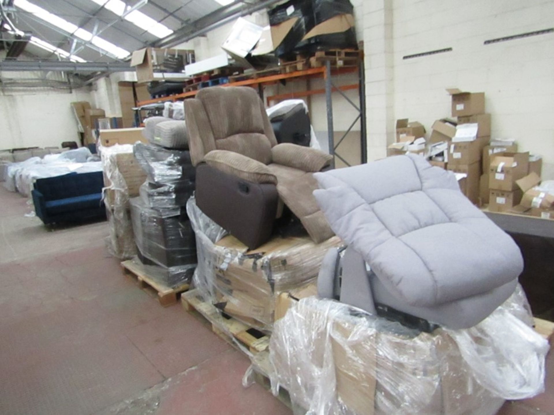 9x Pallets of Various Reclining sofas all appear to have fault such as rips, mechanism faults and