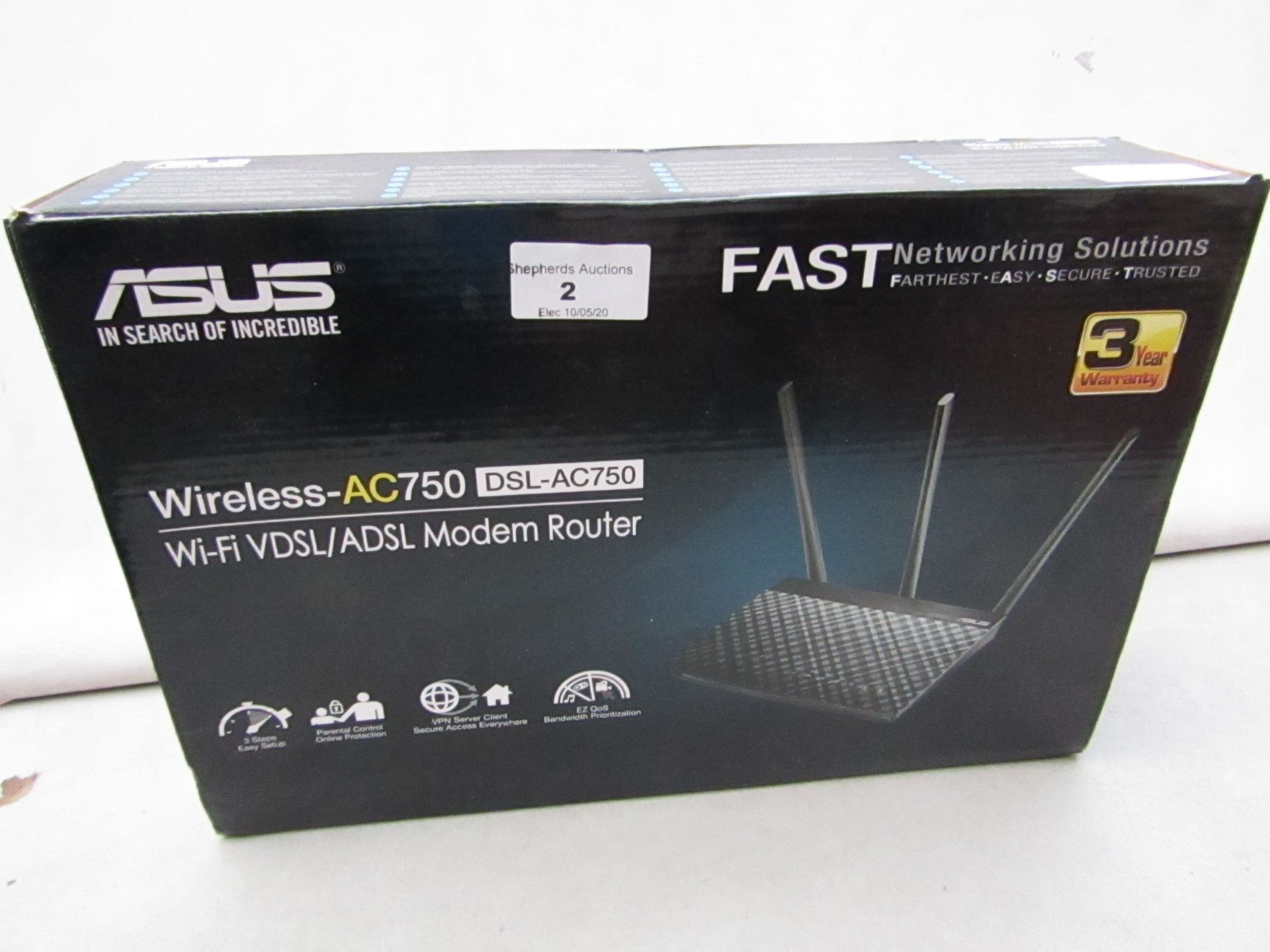 Asus Wireless AC750 modem router, untested and boxed.