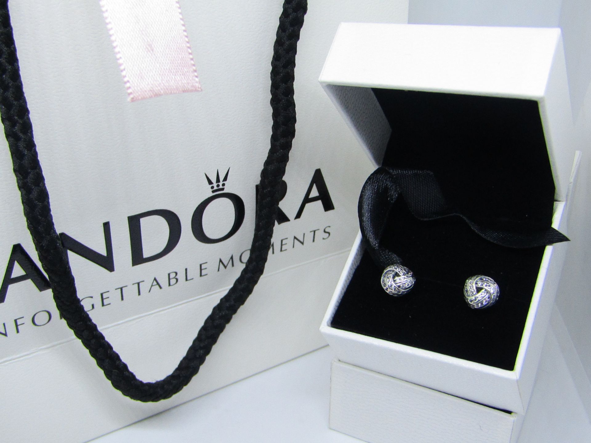 Pandora 925 Silver & Crystal Earrings in Presentation box & Pandora Gift Bag see image for design
