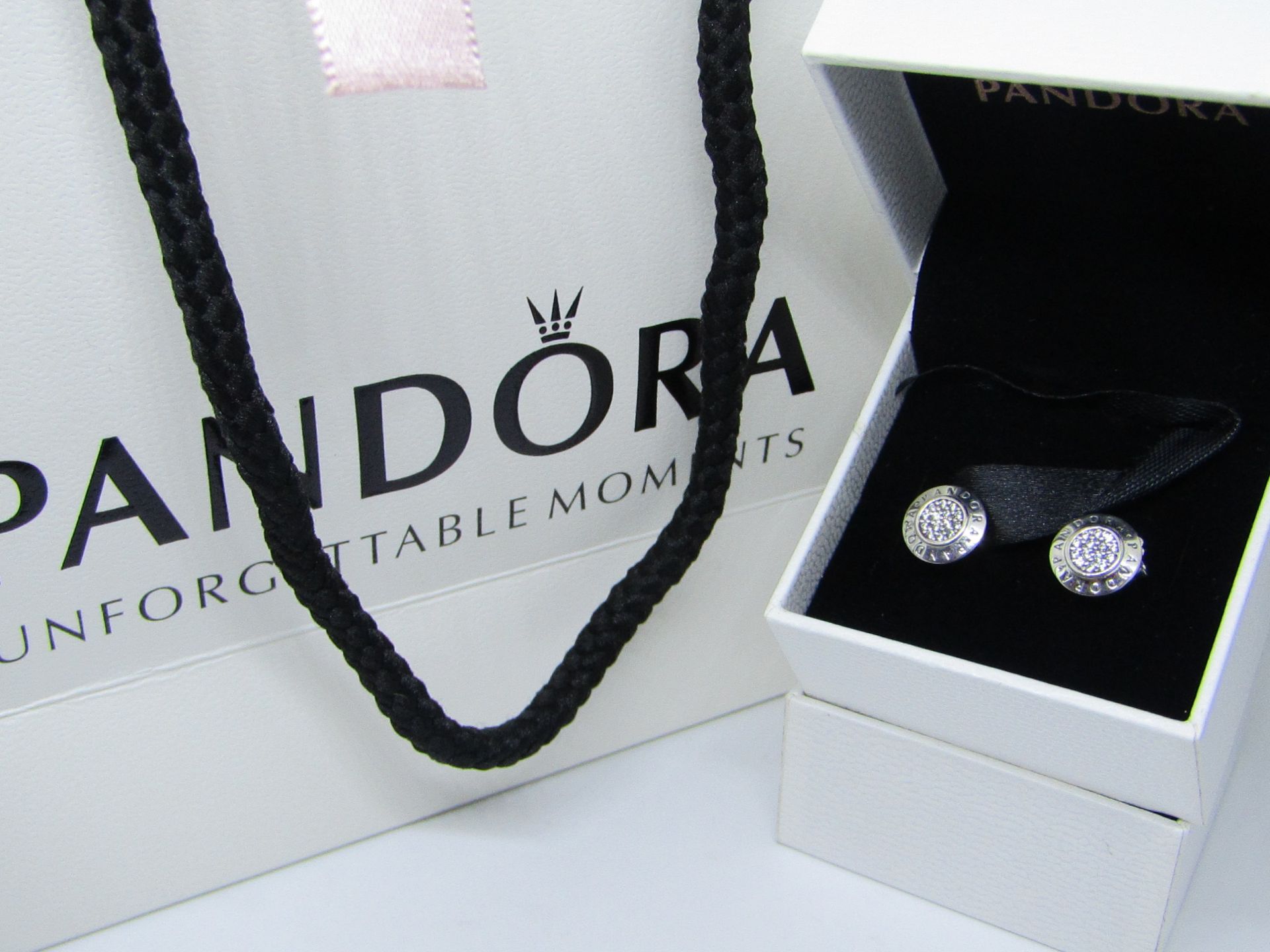 Pandora 925 Silver & Crystal Earrings in Presentation box & Pandora Gift Bag see image for design