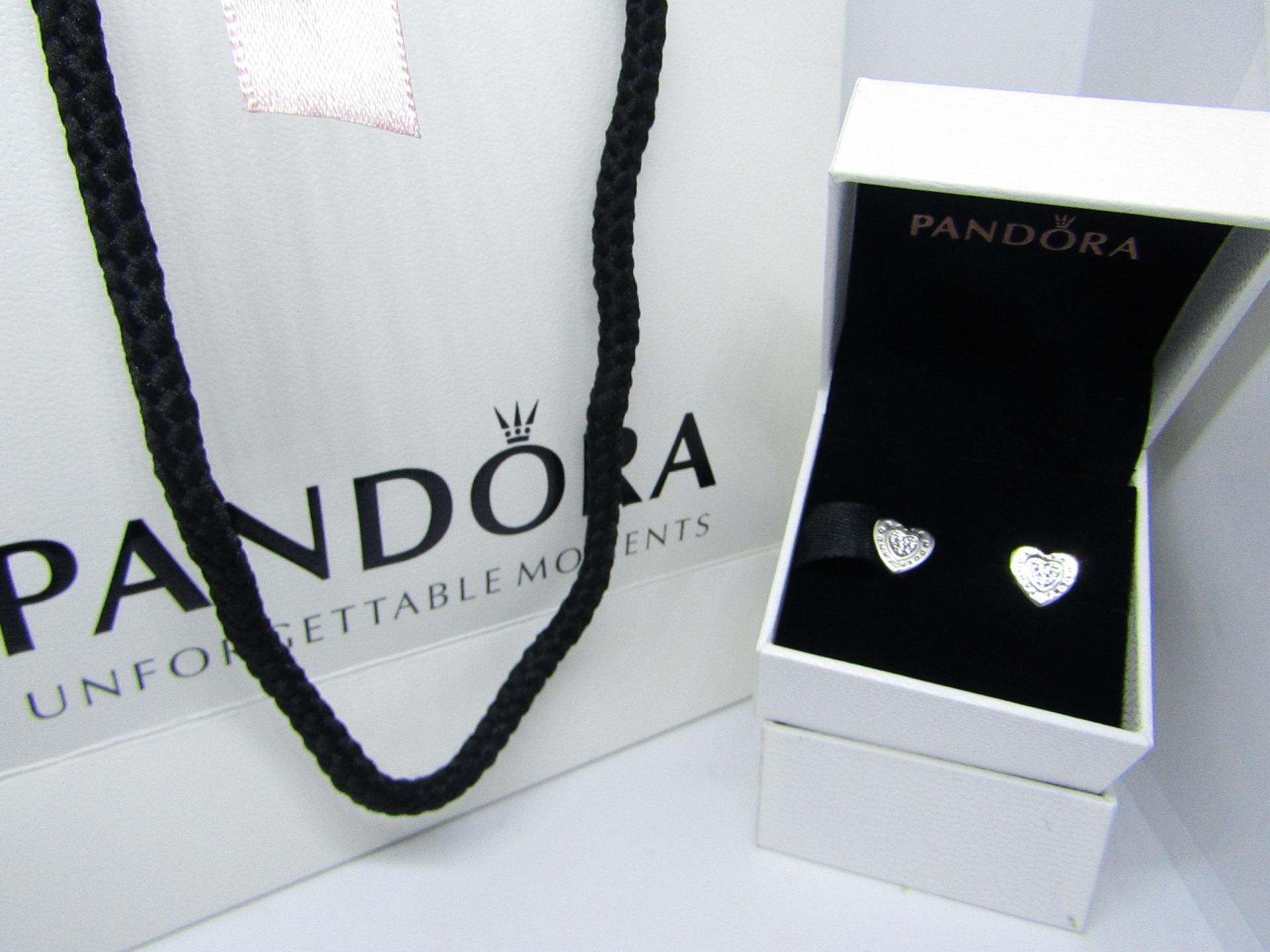 Pandora 925 Silver & Crystal Heart Earrings in Presentation box & Pandora Gift Bag see image for