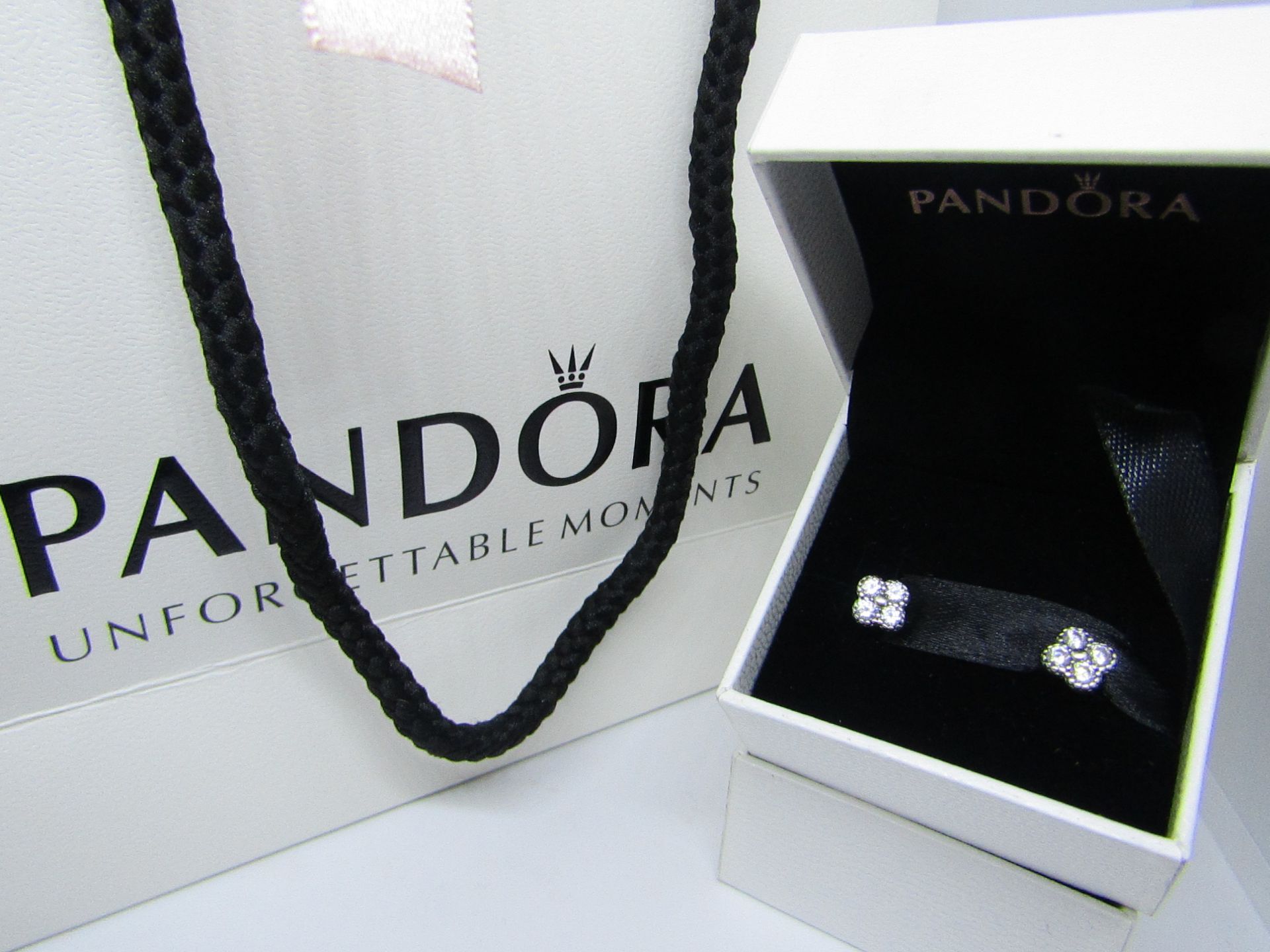 Pandora 925 Silver & Crystal Earrings in Presentation box & Pandora Gift Bag see image for design