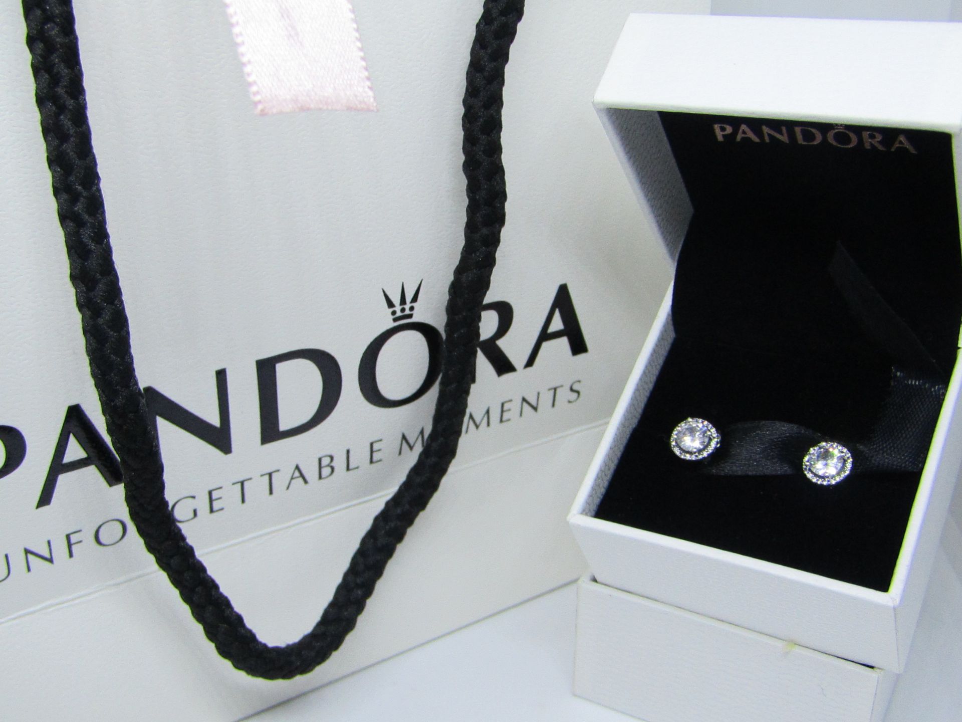 Pandora 925 Silver & Crystal Earrings in Presentation box & Pandora Gift Bag see image for design