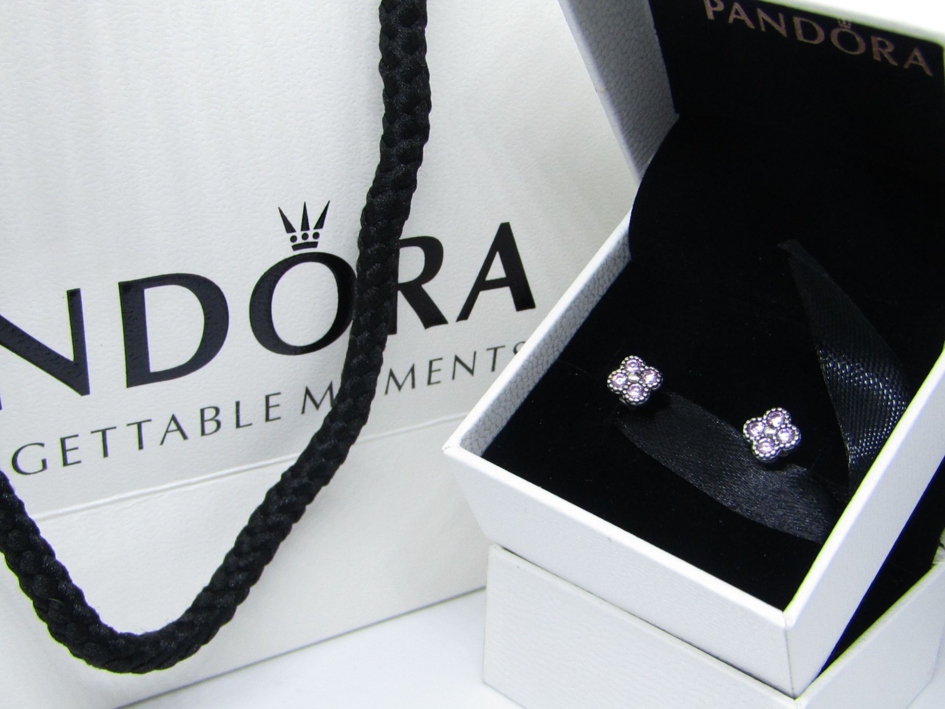 Pandora 925 Silver & Crystal Earrings in Presentation box & Pandora Gift Bag see image for design