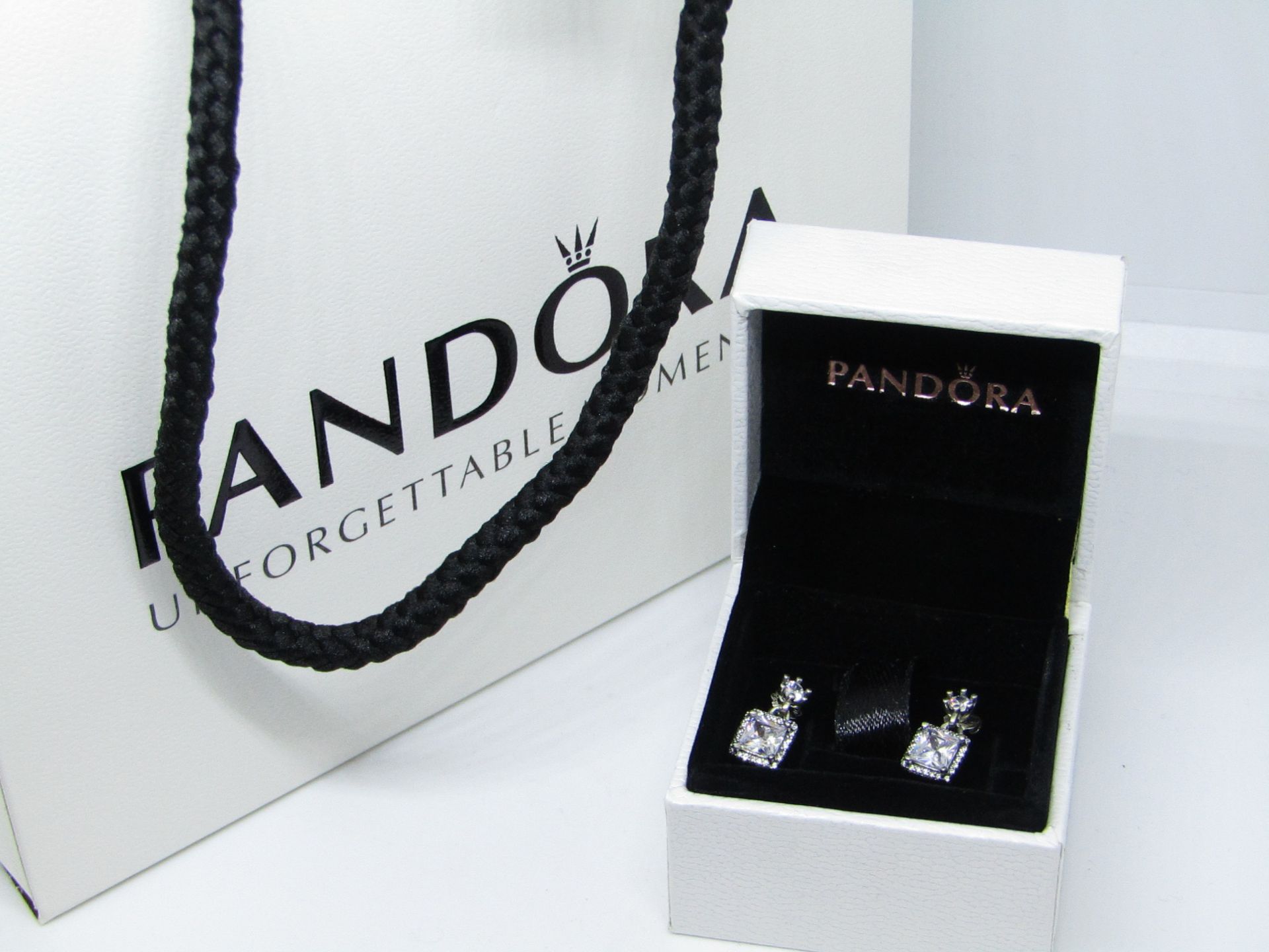 Pandora 925 Silver & Crystal Earrings in Presentation box & Pandora Gift Bag see image for design