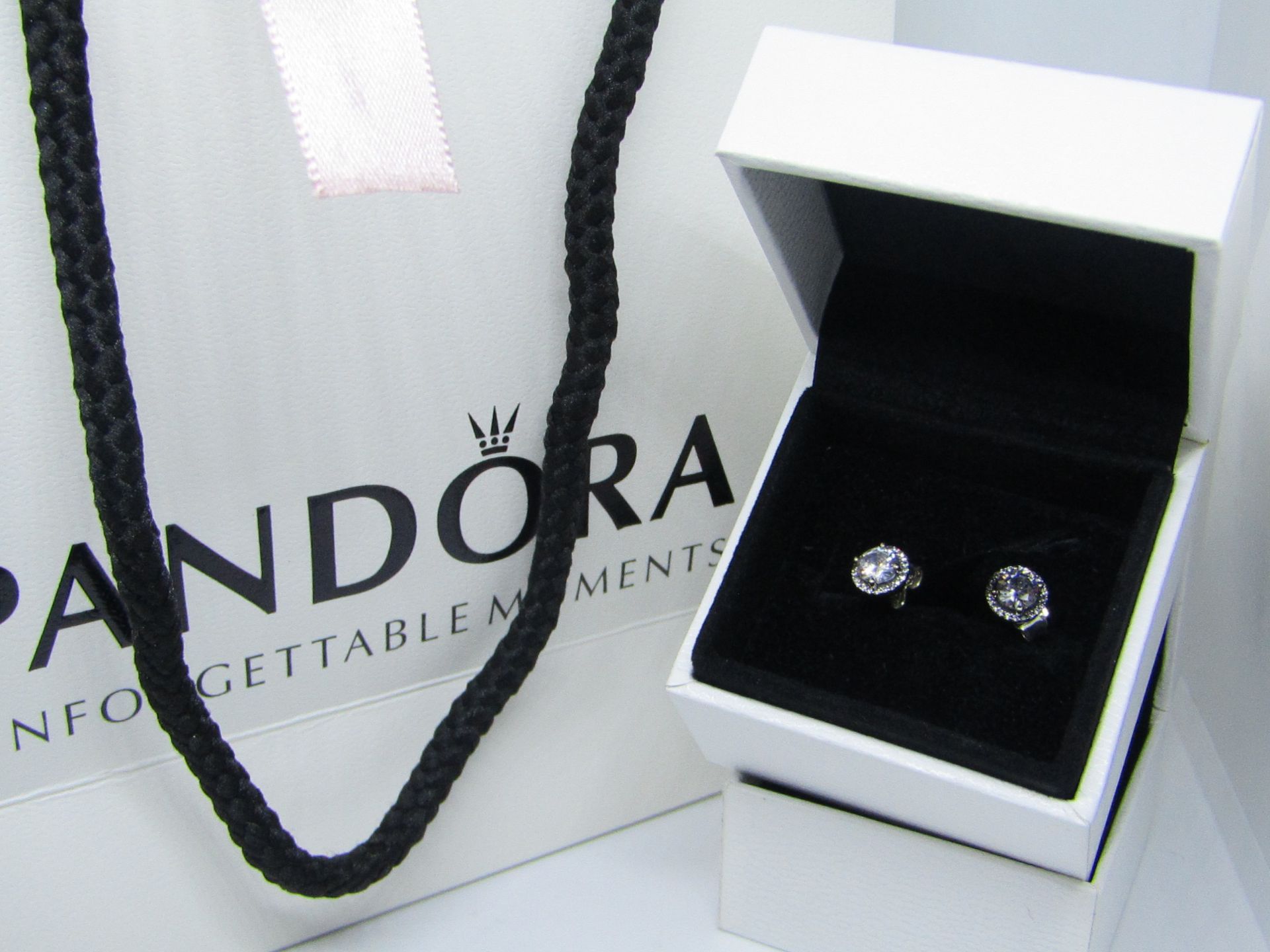 Pandora 925 Silver & Crystal Earrings in Presentation box & Pandora Gift Bag see image for design