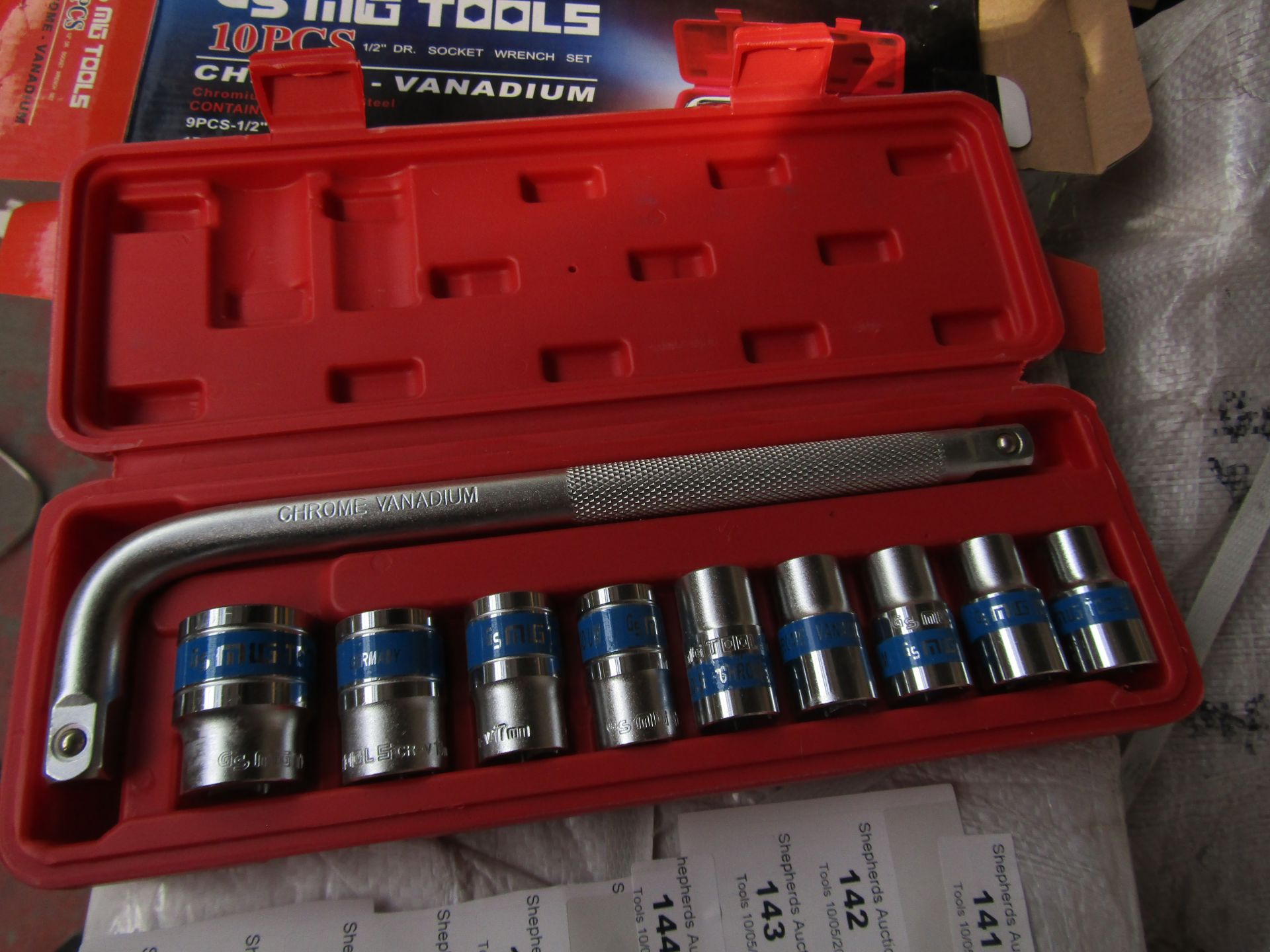 10 Piece MLG Tools socket set with L type handle, new and boxed