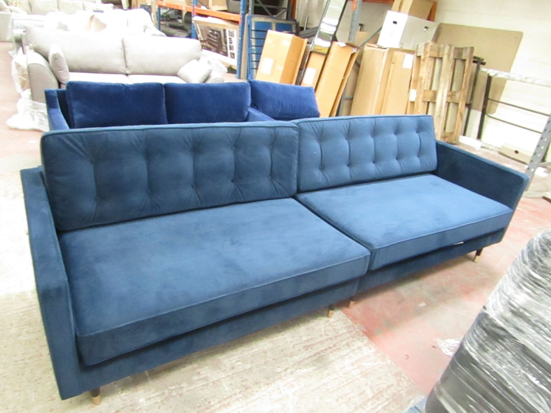 Swoon Sample blue velour  2 piece sofa, this sofa is very long at  2.62mtrs which is why its comes