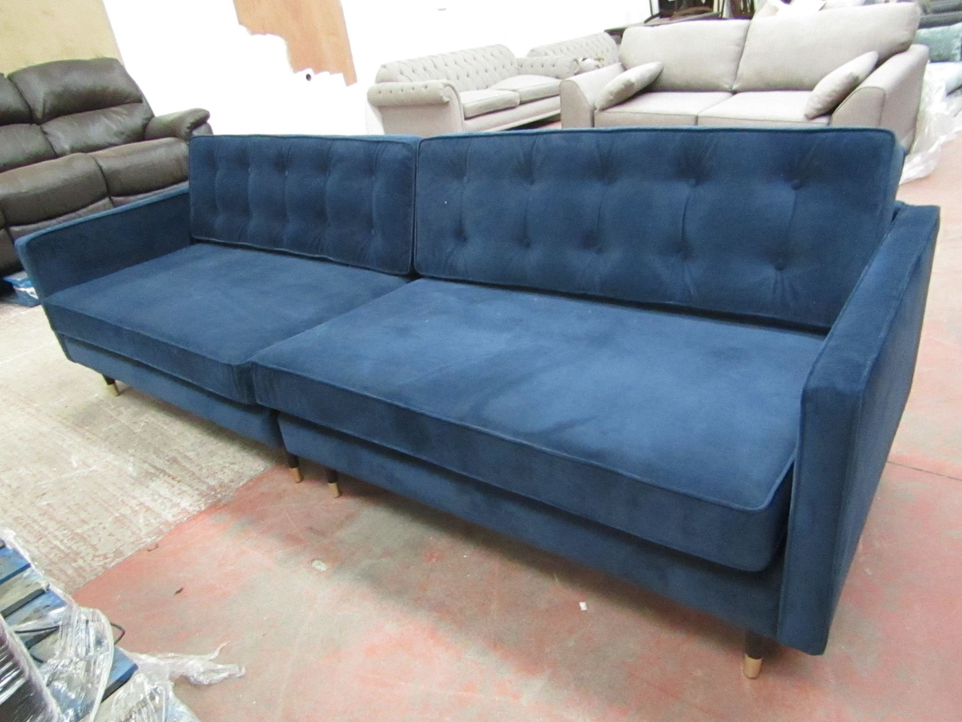 Swoon Sample blue velour  2 piece sofa, this sofa is very long at  2.62mtrs which is why its comes - Image 8 of 9