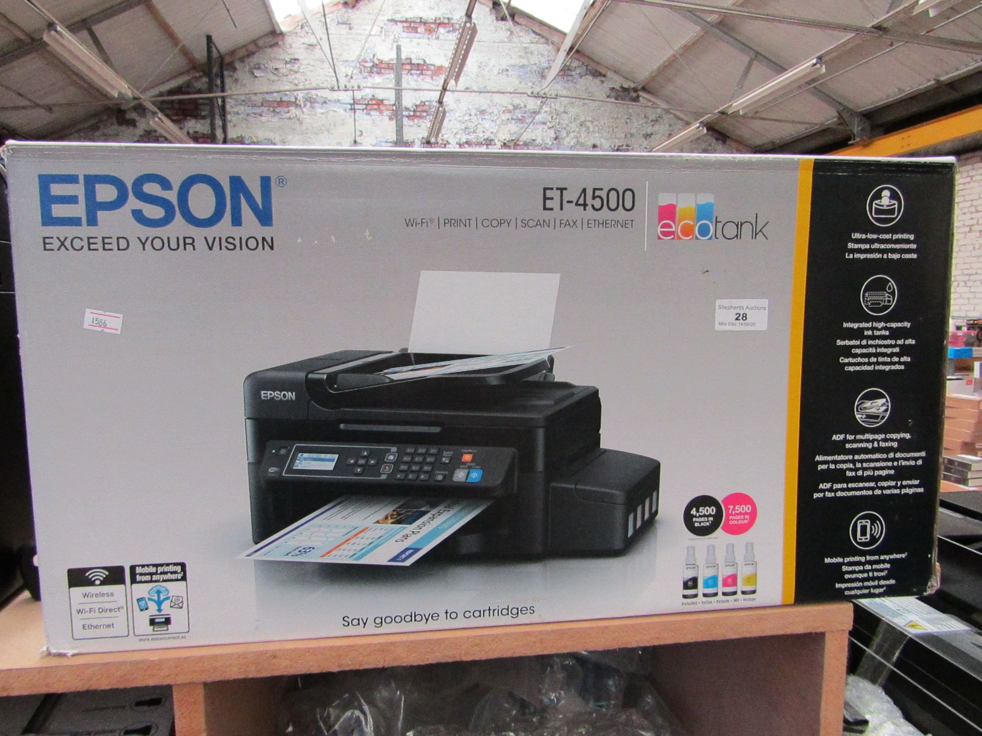 Epson ET-4500 eco tank all in one printer, boxed nad unchecked