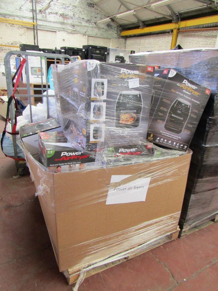 New delivery, Pallets of raw return Air Fryers, Air fryer cookers, Air beds and Colonial candle Light shade accessories.