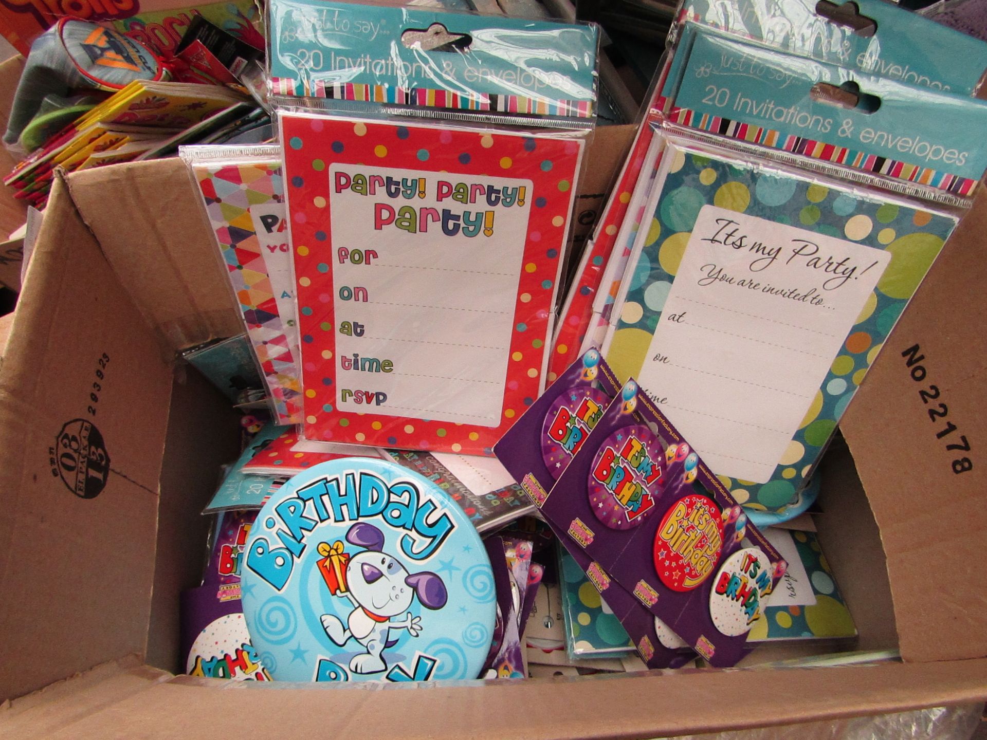 Box of Assorted Bithday Party Items incl Badges & Invitations. See Image