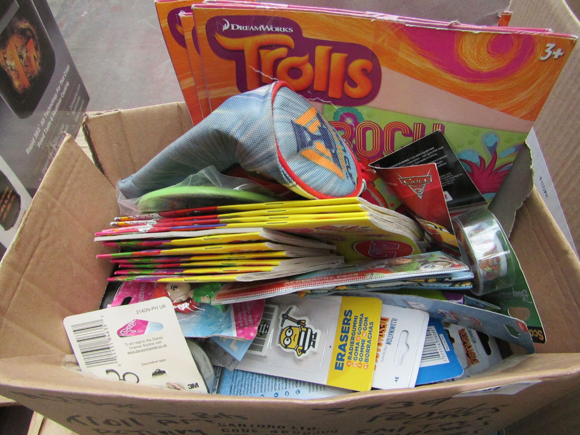 Box of Assorted Items incl Pencil cases, Activity books, Crayons etc. See Image