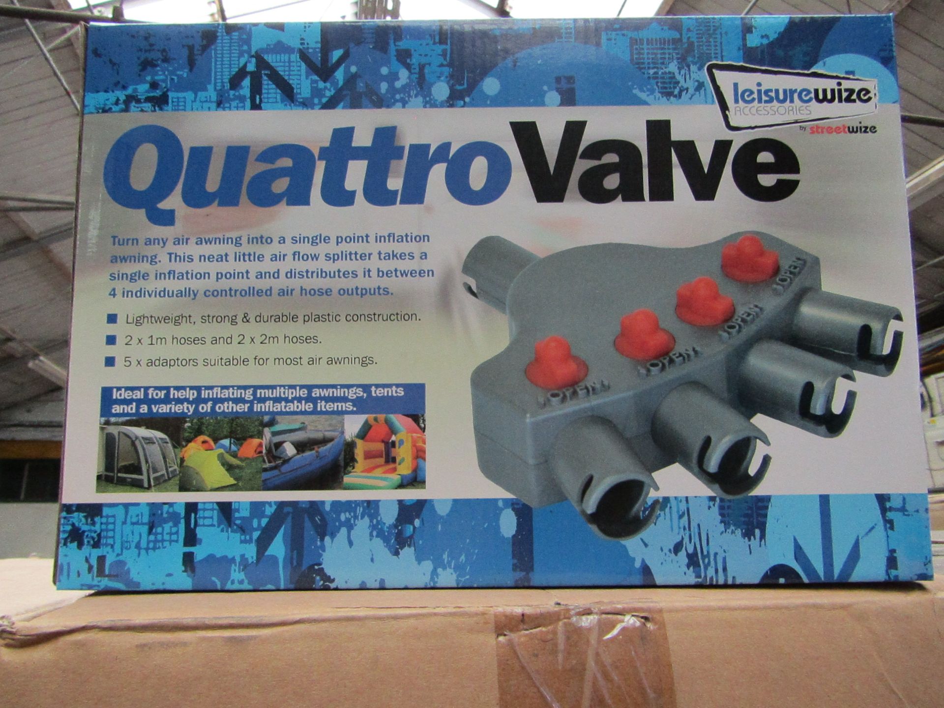 Streetwize quattro valve, 4 way valve air awning tent inflation adapter kit, new and boxed.