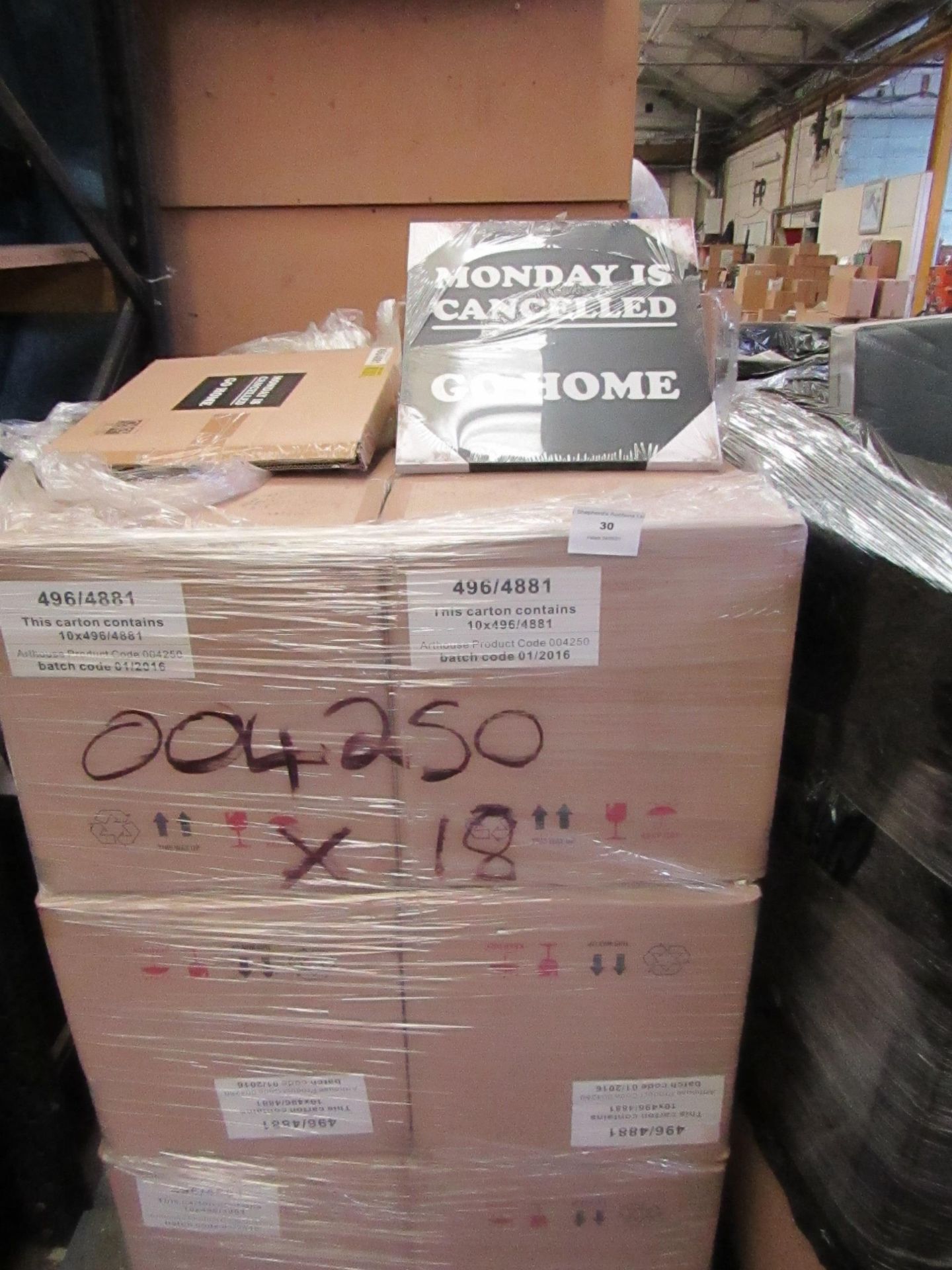 Pallet of approx 120 Mondays Cancelled novelty canvas prints, new