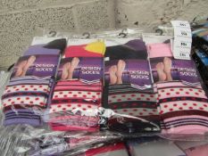 Pack of 12 Ladies Design Socks. Size 4 - 7. New & packaged